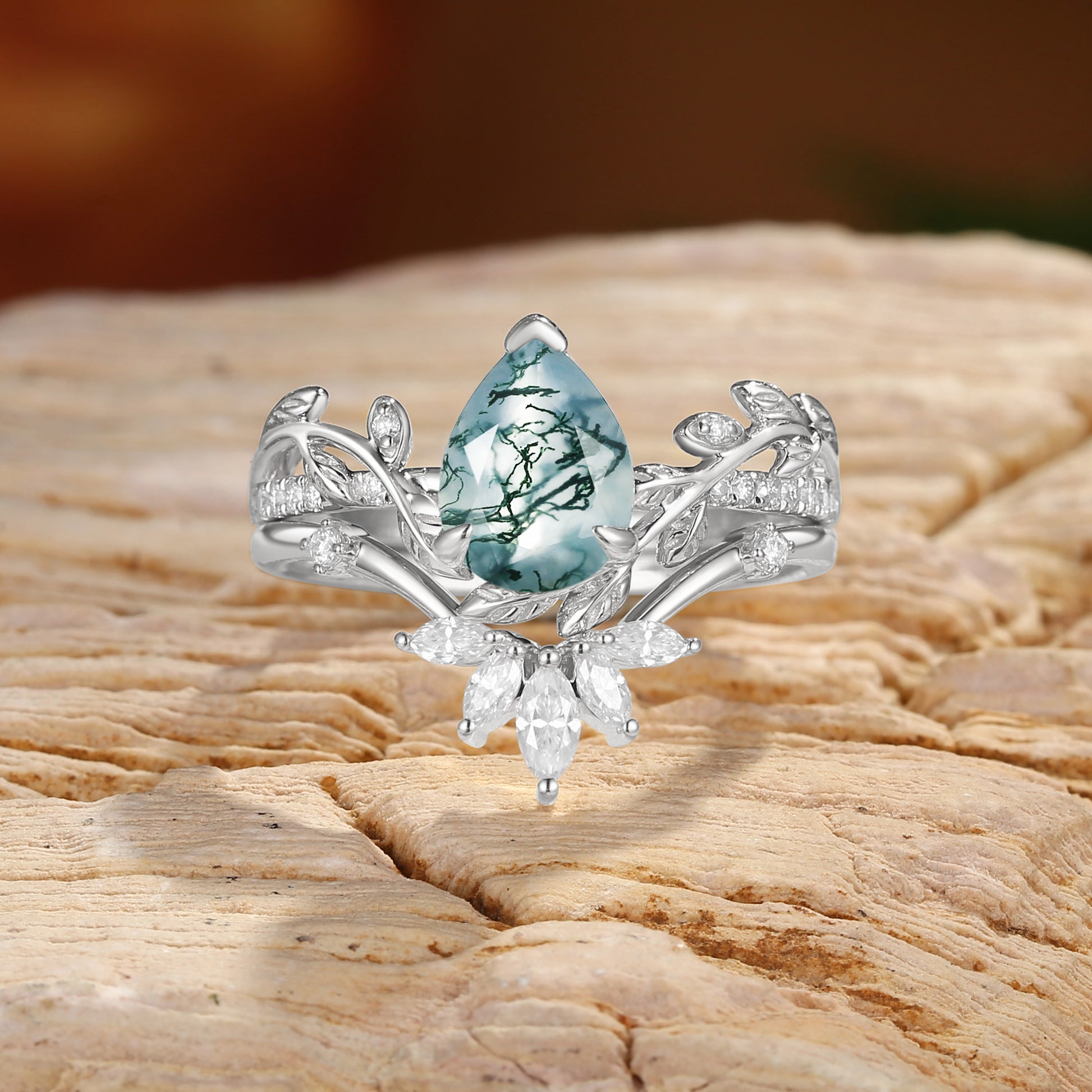 Jora - Pear Cut Moss Agate Vine Inspired Leafy Bridal Set 2pcs