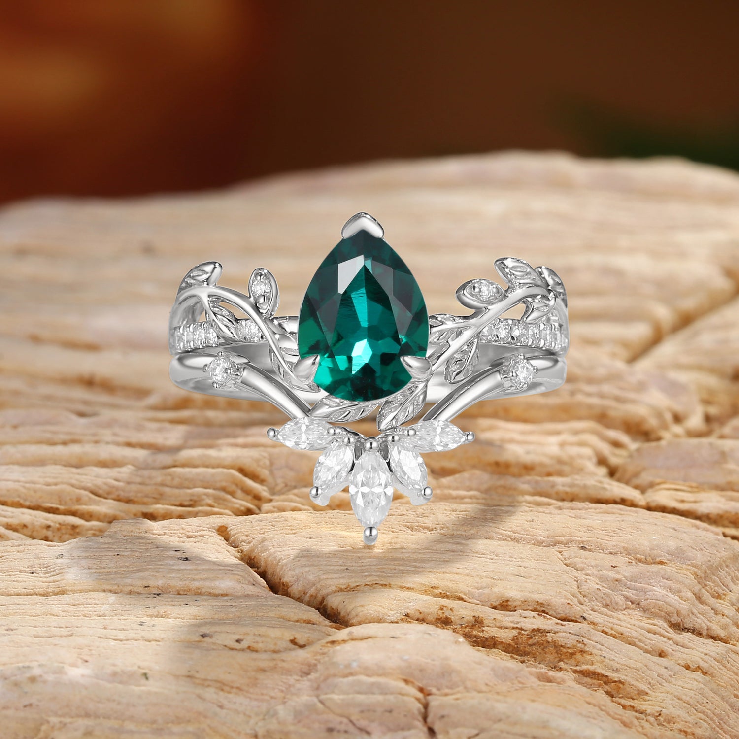 Jora - Pear Cut Lab Emerald Vine Inspired Leafy Bridal Set 2pcs