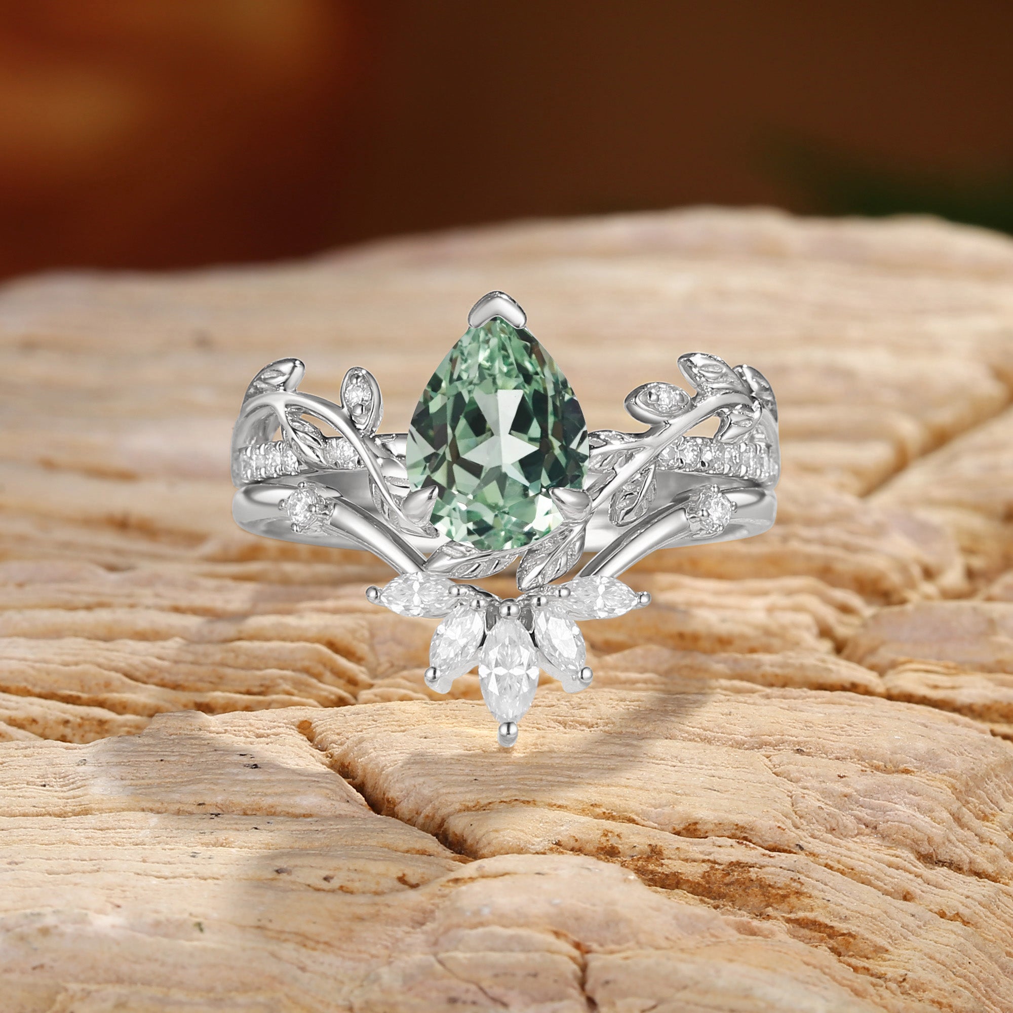 Jora - Pear Cut Mint Green Sapphire Vine Inspired Leafy Bridal Set 2pcs