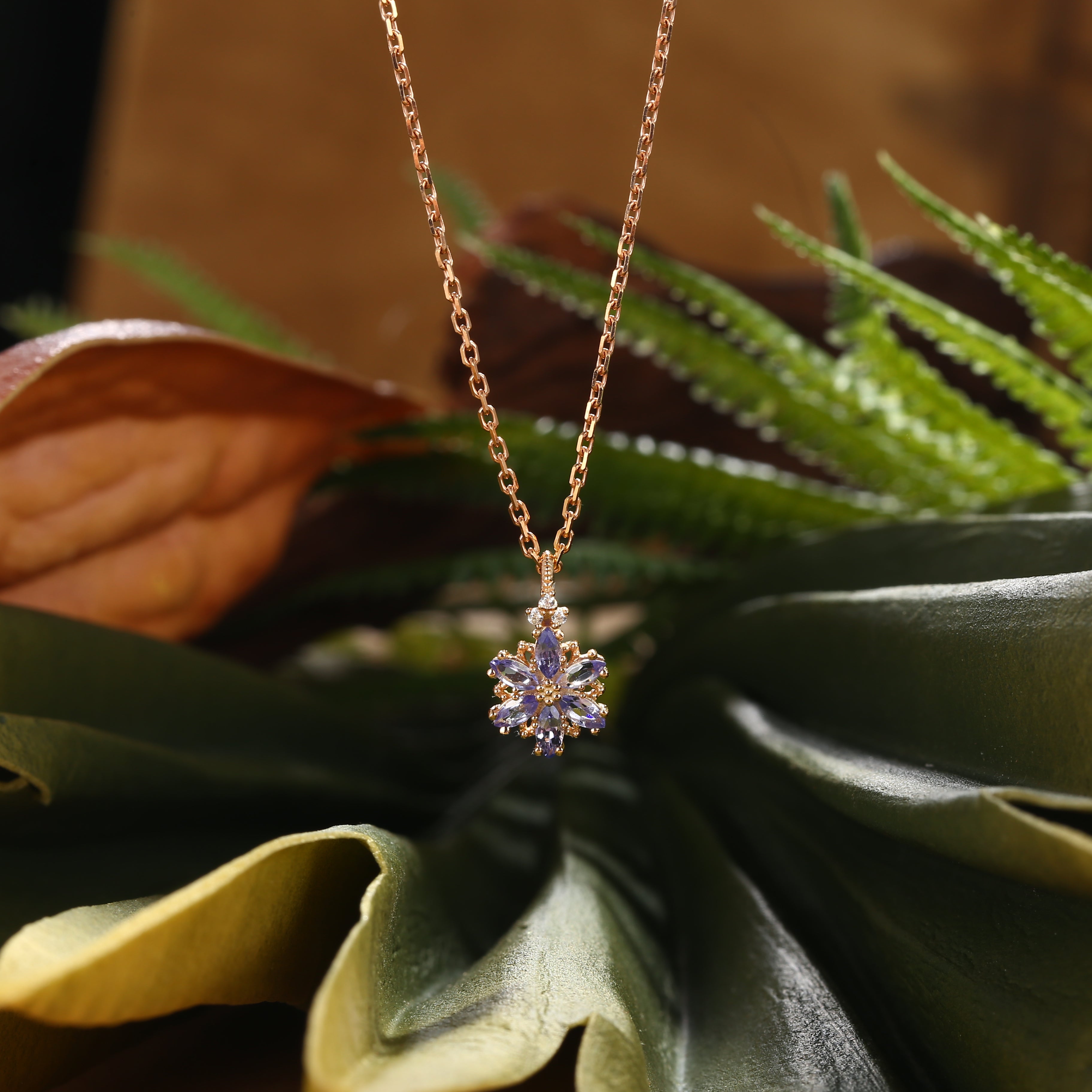 Lab Cornflower Blue Sapphire Marquise Flower Rose Gold Pendant