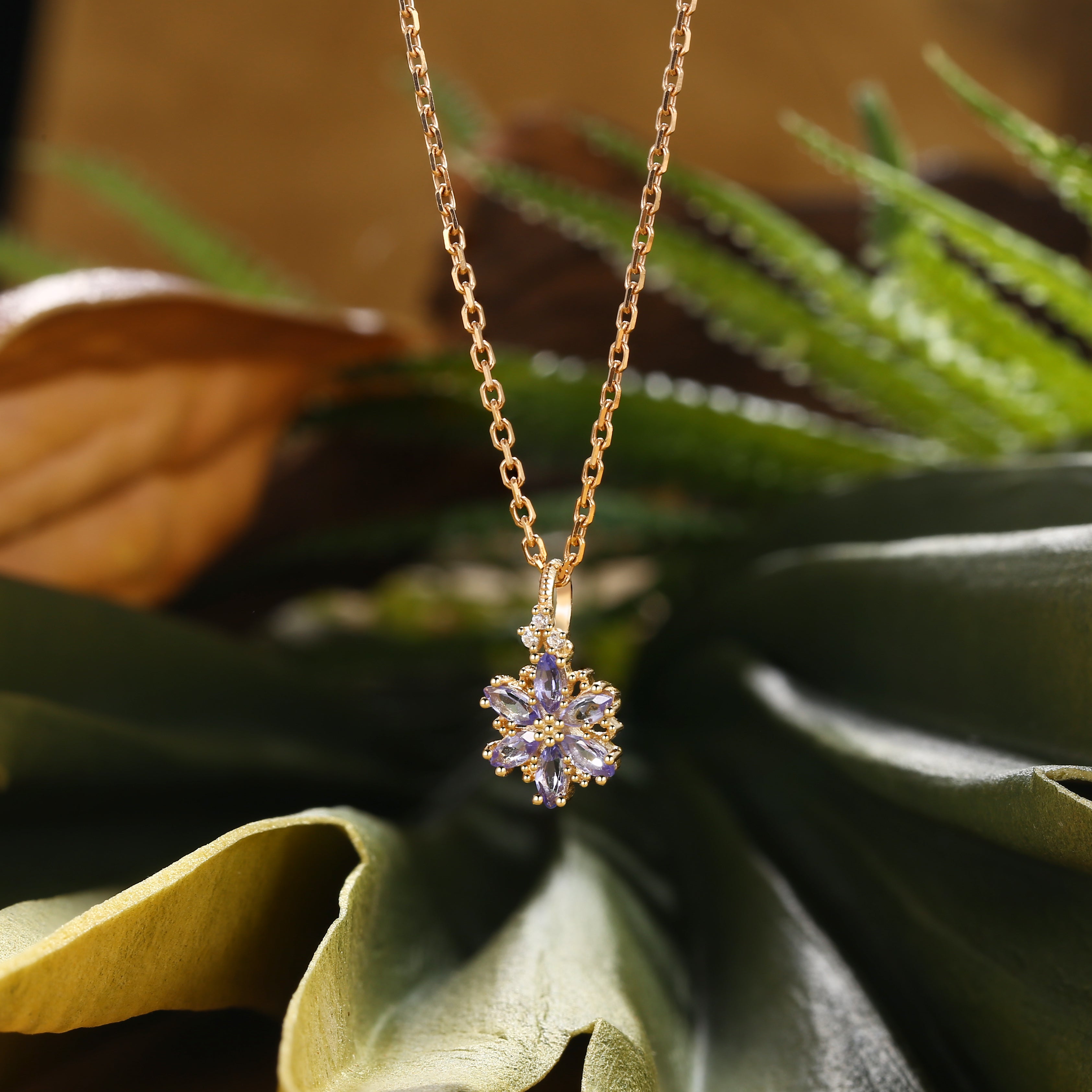 Lab Cornflower Blue Sapphire Marquise Flower Rose Gold Pendant