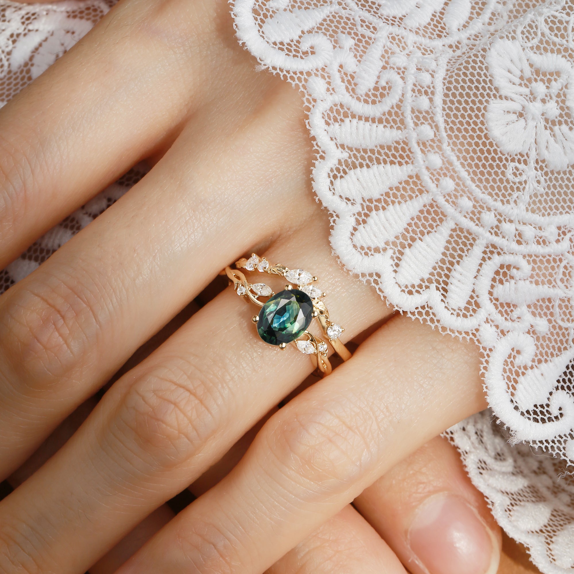 Coralie - Natural Blue Green Sapphire Leaf Engagement Ring Set 2pcs