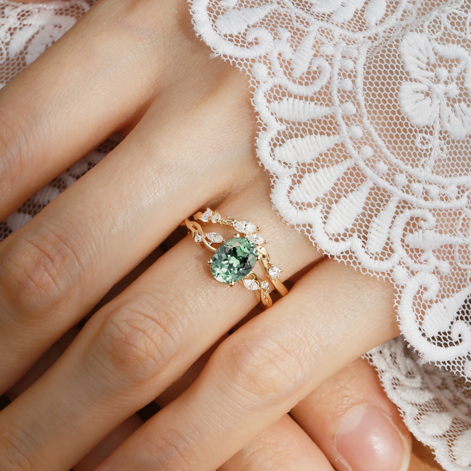 Coralie - Lab Mint Green Sapphire Leaf Engagement Ring Set 2pcs