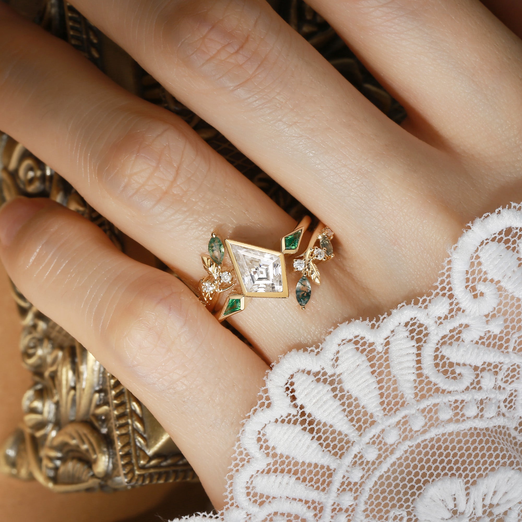 Sylvia - Kite Cut Moissanite & Leaf Moss Agate Bridal Sets 2pcs