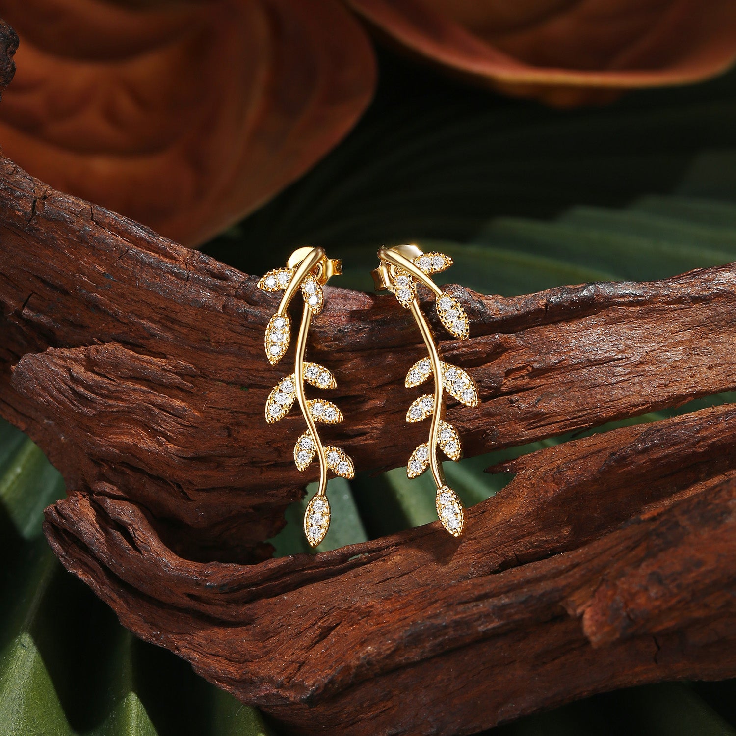 Moissanite Long Leaf Cluster Earrings