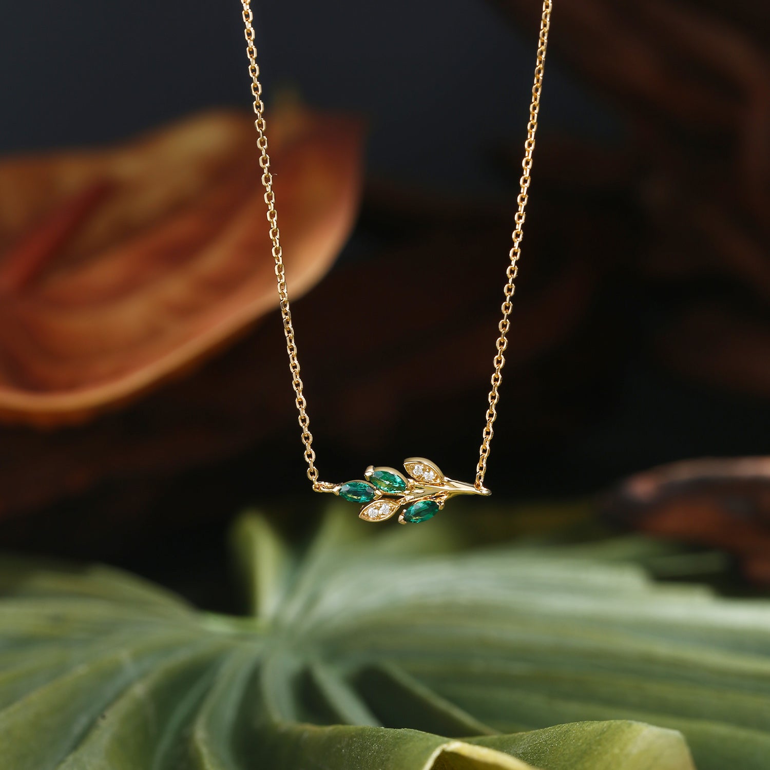 Natural Emerald & Moissanite Leaf Necklace