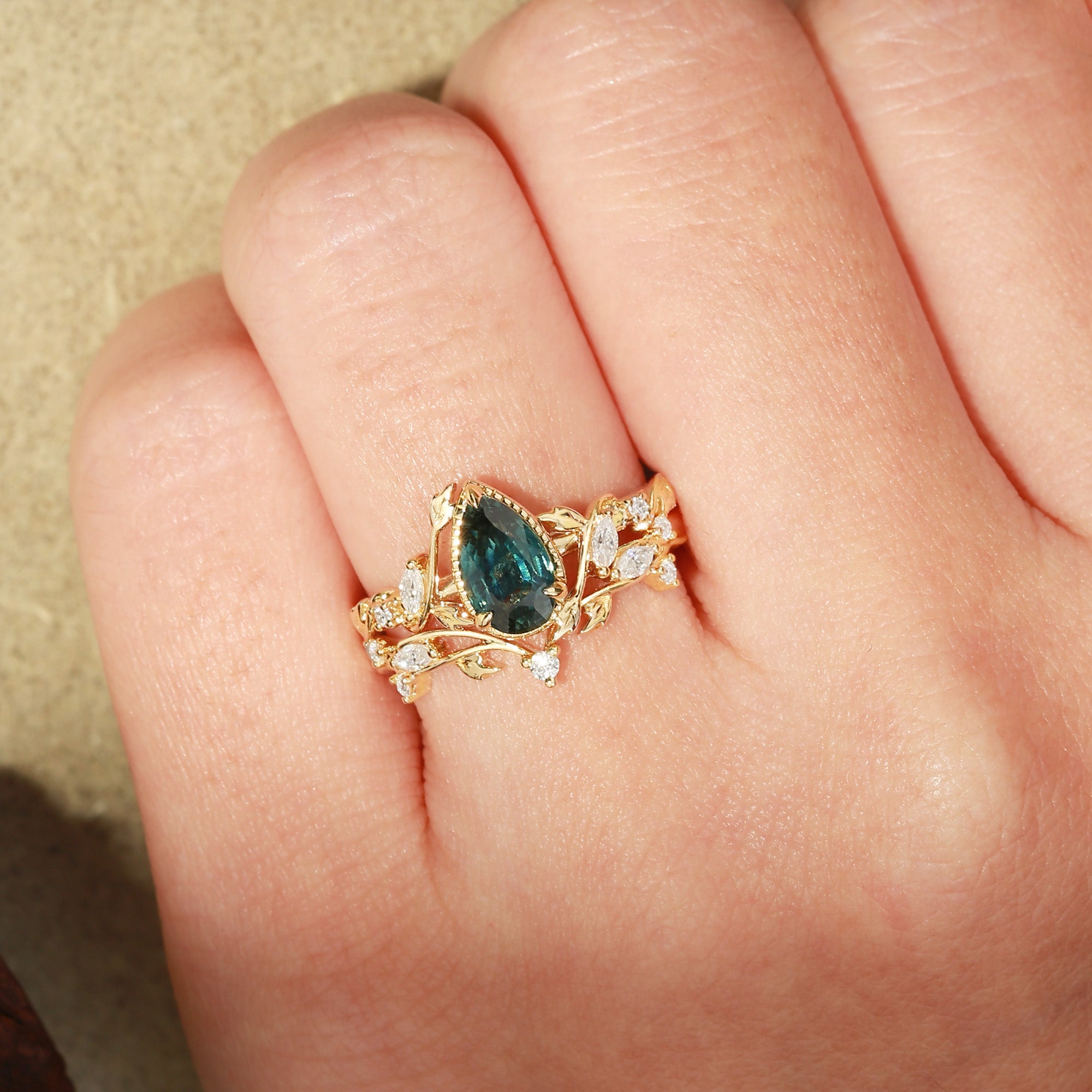 Cranberry - Nature Inspired Natural Blue Green Sapphire Engagement Ring Set 2pcs