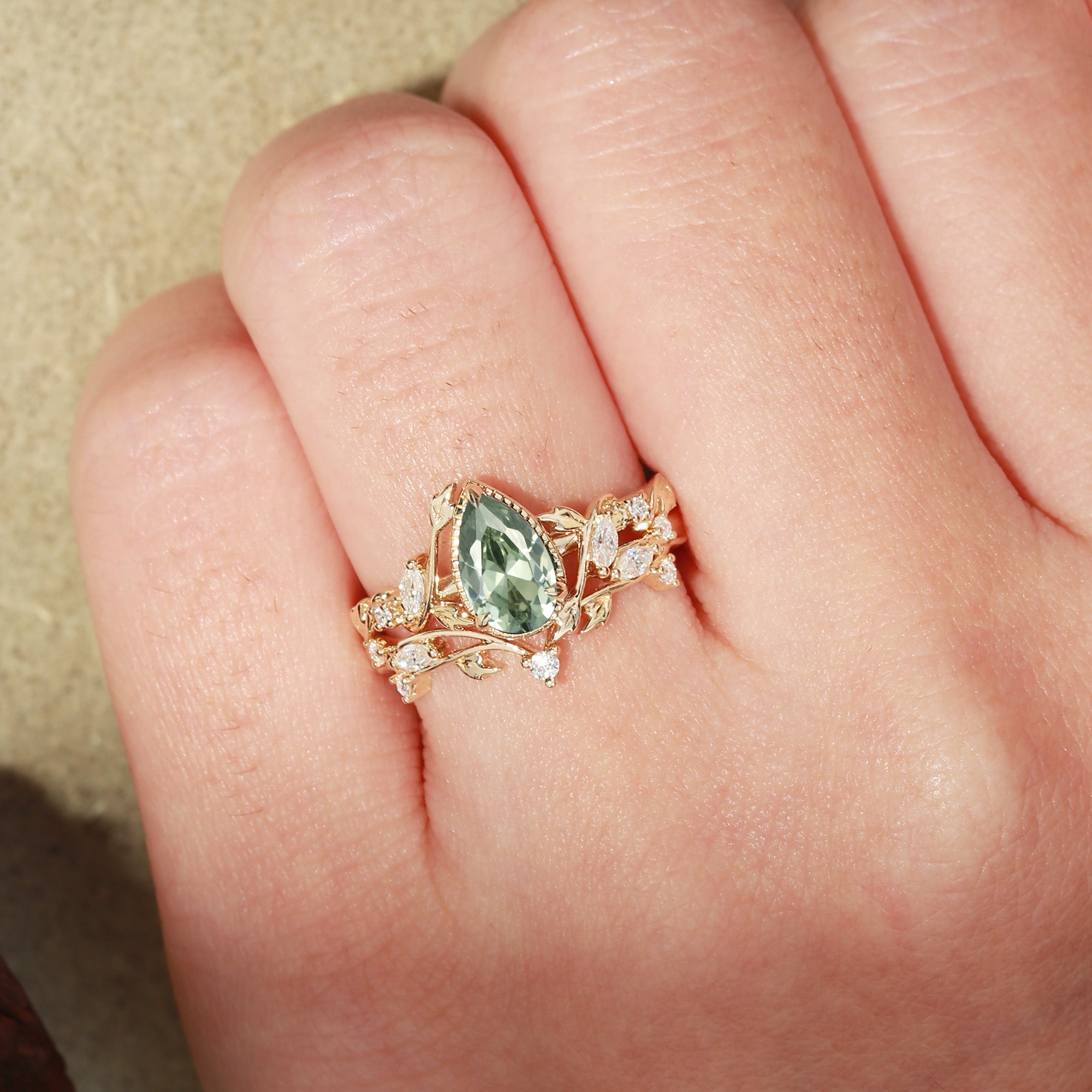 Cranberry - Nature Themed Lab Green Sapphire Engagement Ring Set 2pcs