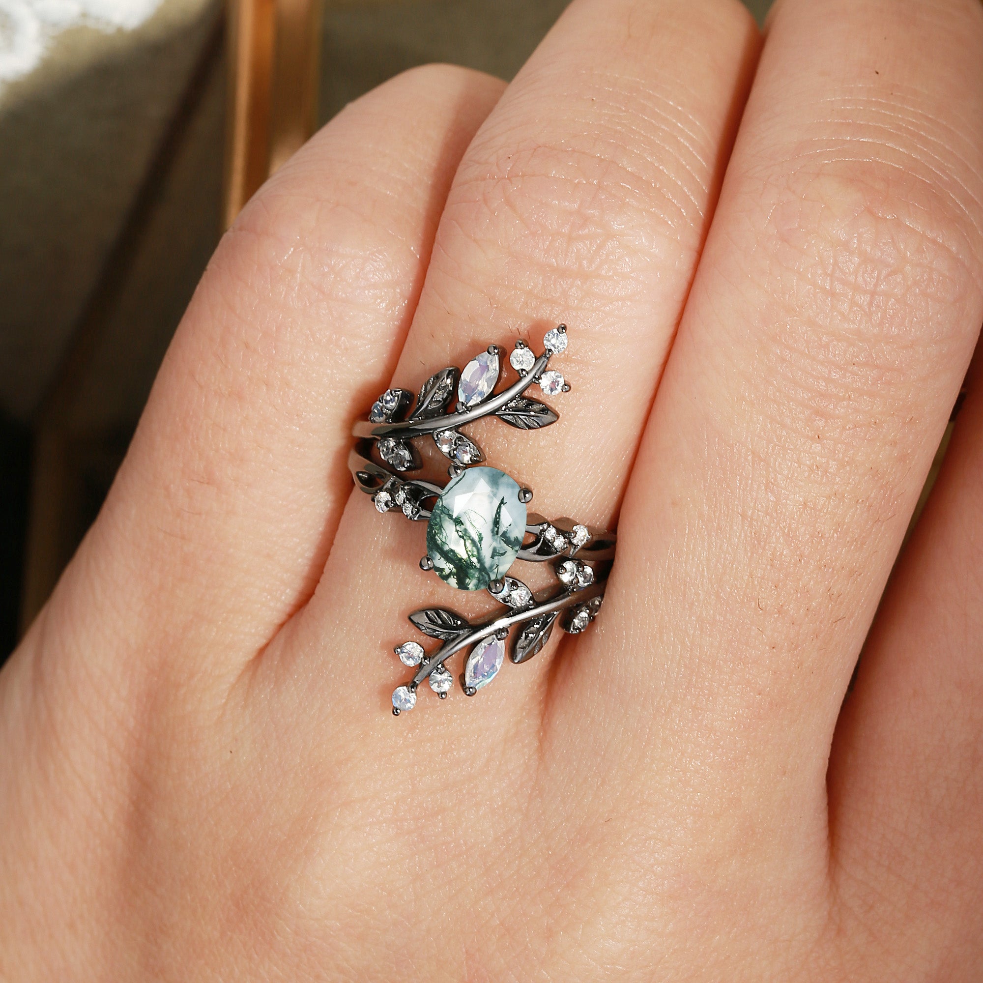 Adrienne - Black Gold Moss Agate & Moonstone Engagement Ring Set 2pcs