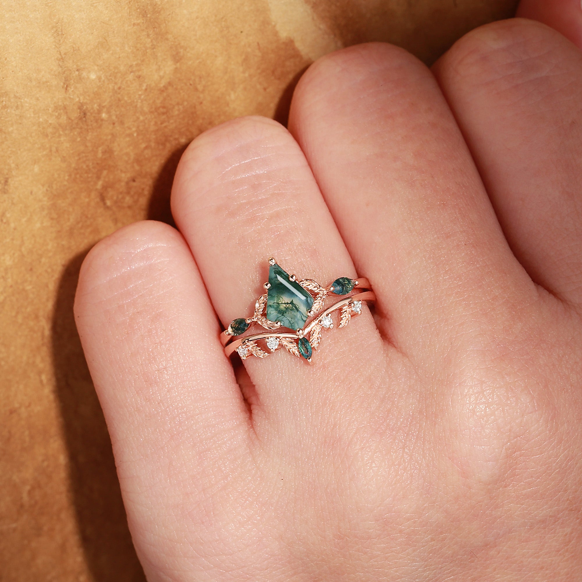 Karina - Unique Moss Agate Kite Cut Leaf Ring Set 2pcs