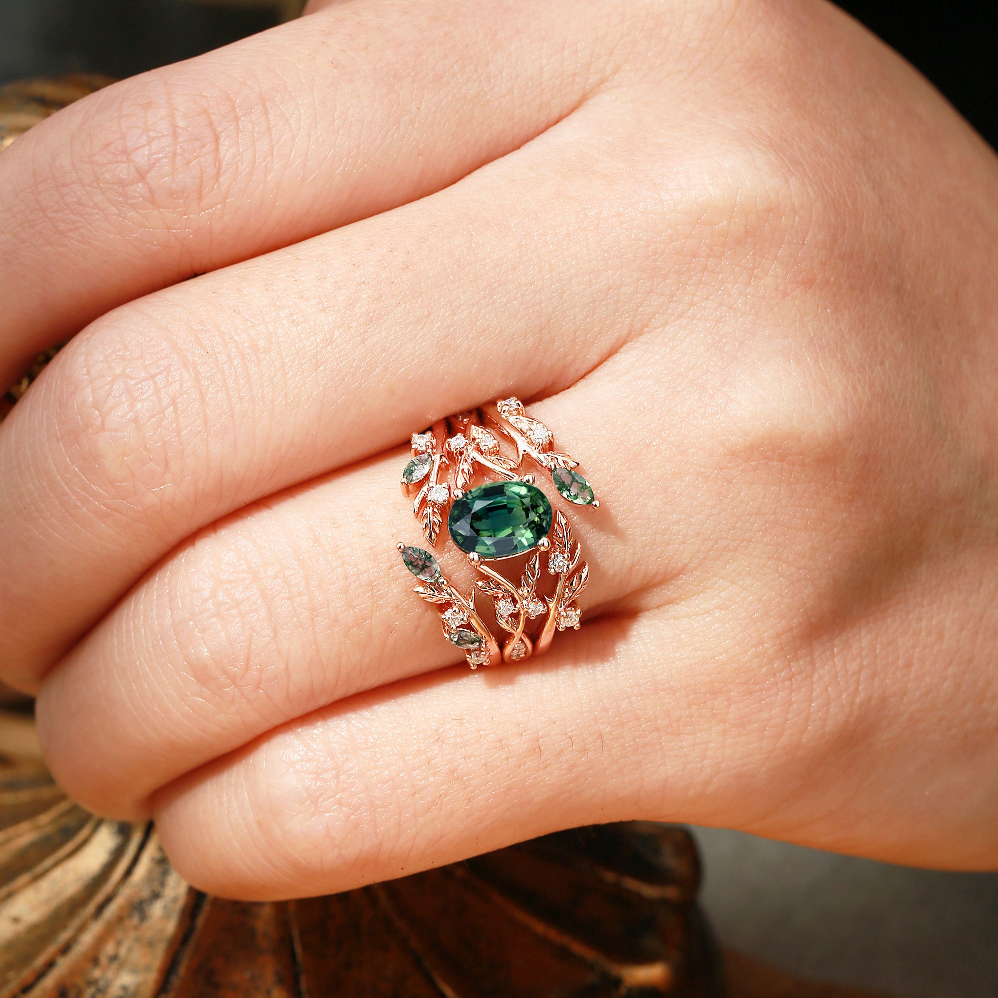 Bellamy - Natural Blue Green Sapphire Leaf Ring Set 3pcs