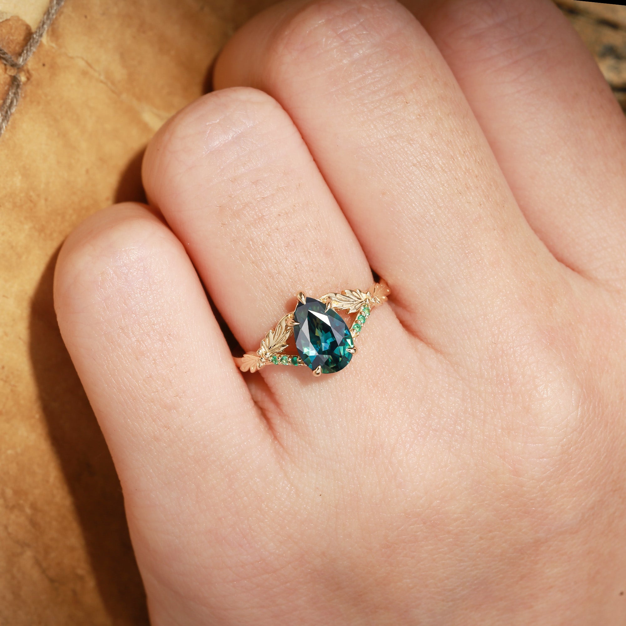 Klara - Large Carat Natural Blue Green Sapphire Leaf Engagement Ring