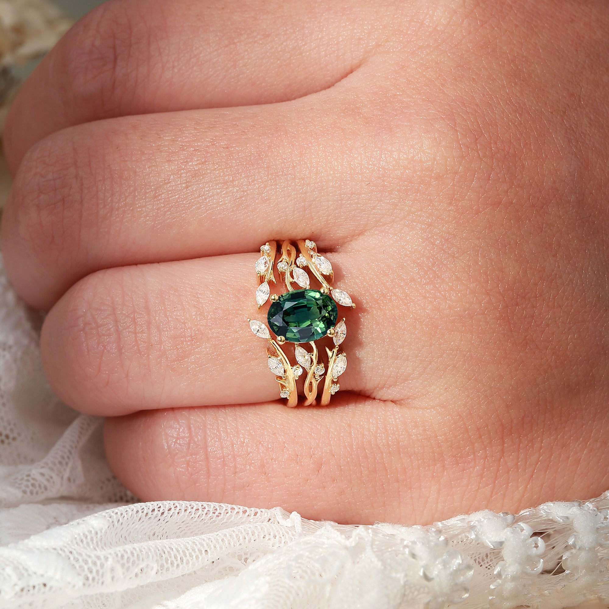 Brianna - Oval Cut Natural BLue Green Sapphire Cluster Ring Set 3pcs