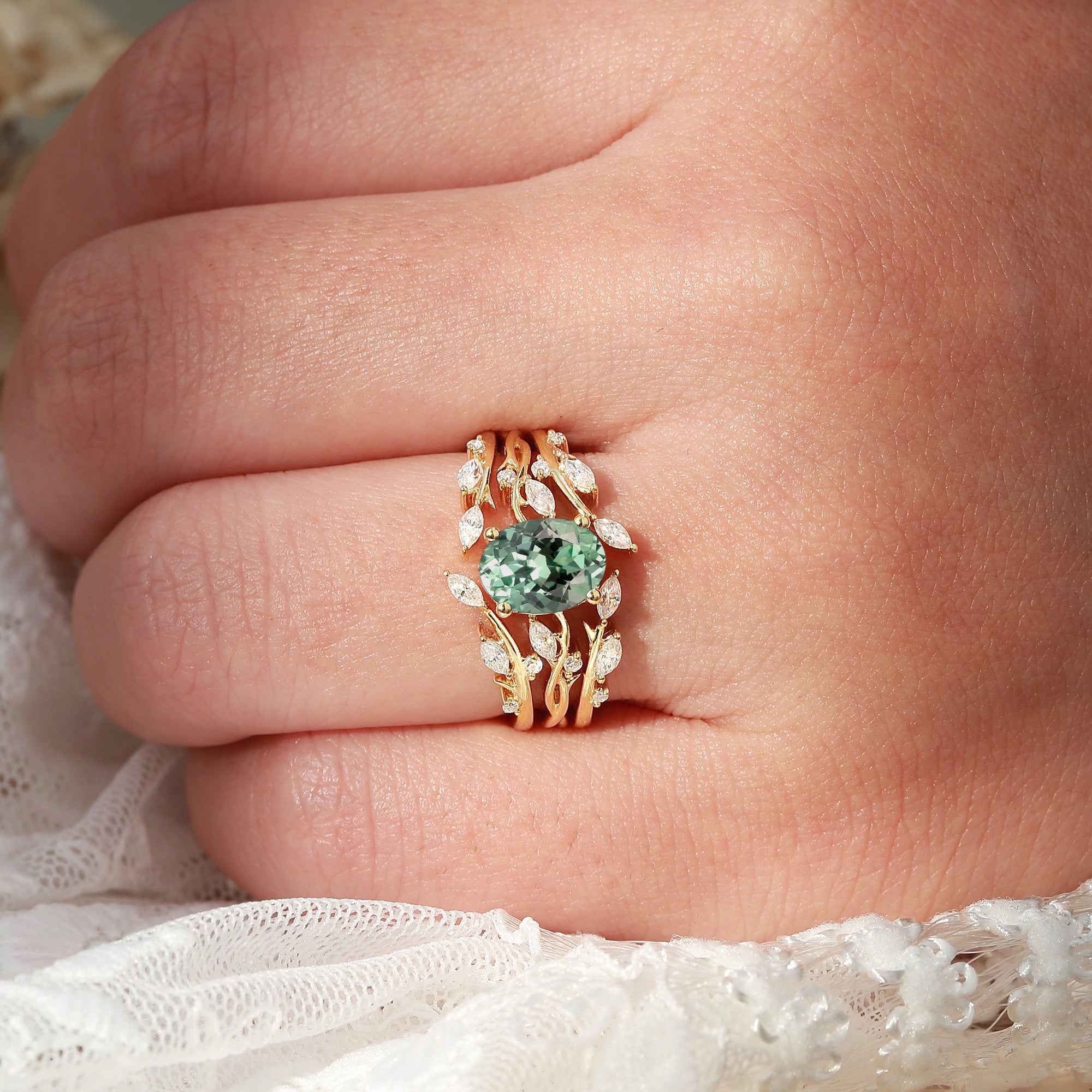 Brianna - Oval Cut Lab Green Sapphire Cluster Ring Set 3pcs