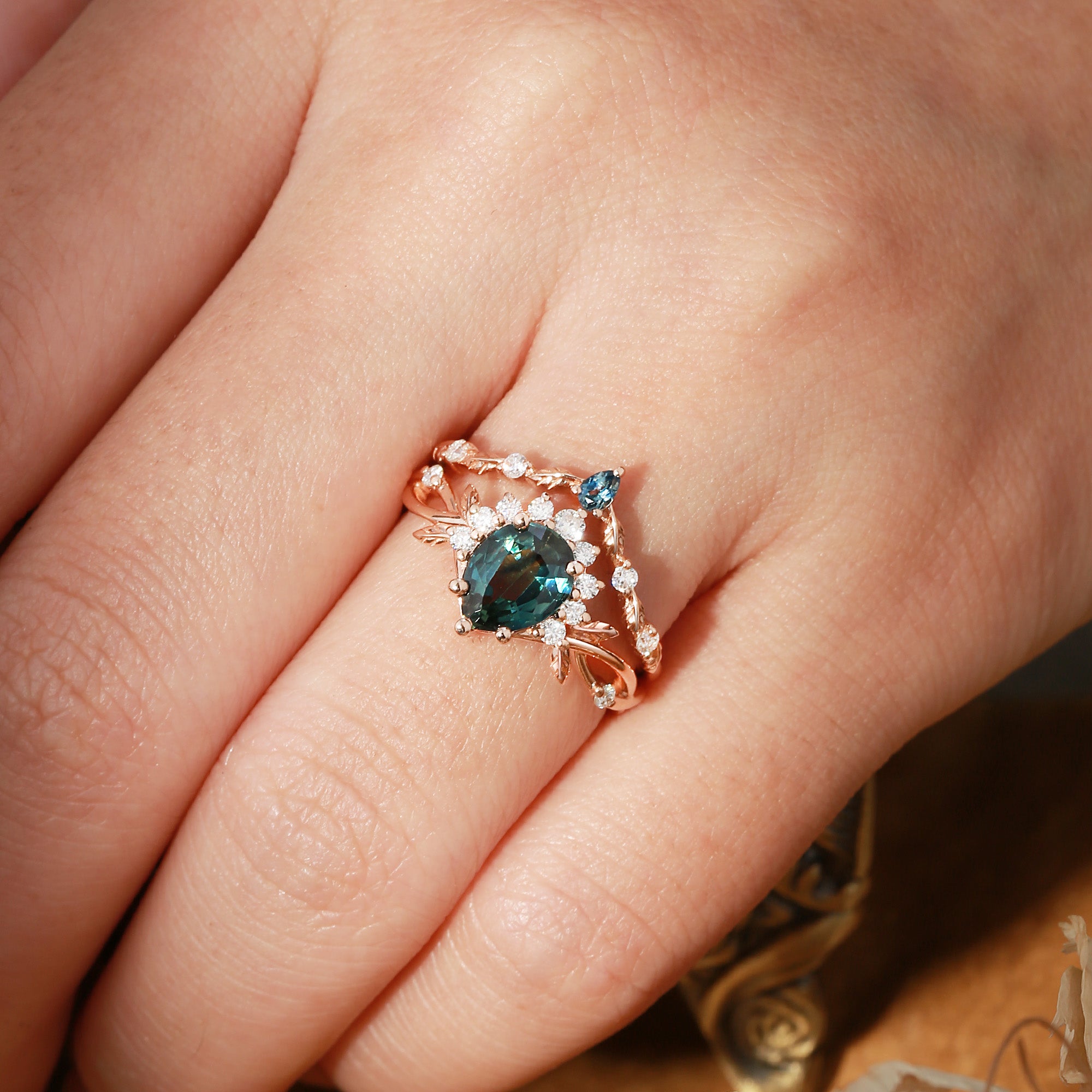 Drisana - 14K Pear Cut Natural Blue Green Sapphire Engagement Ring Set 2pcs