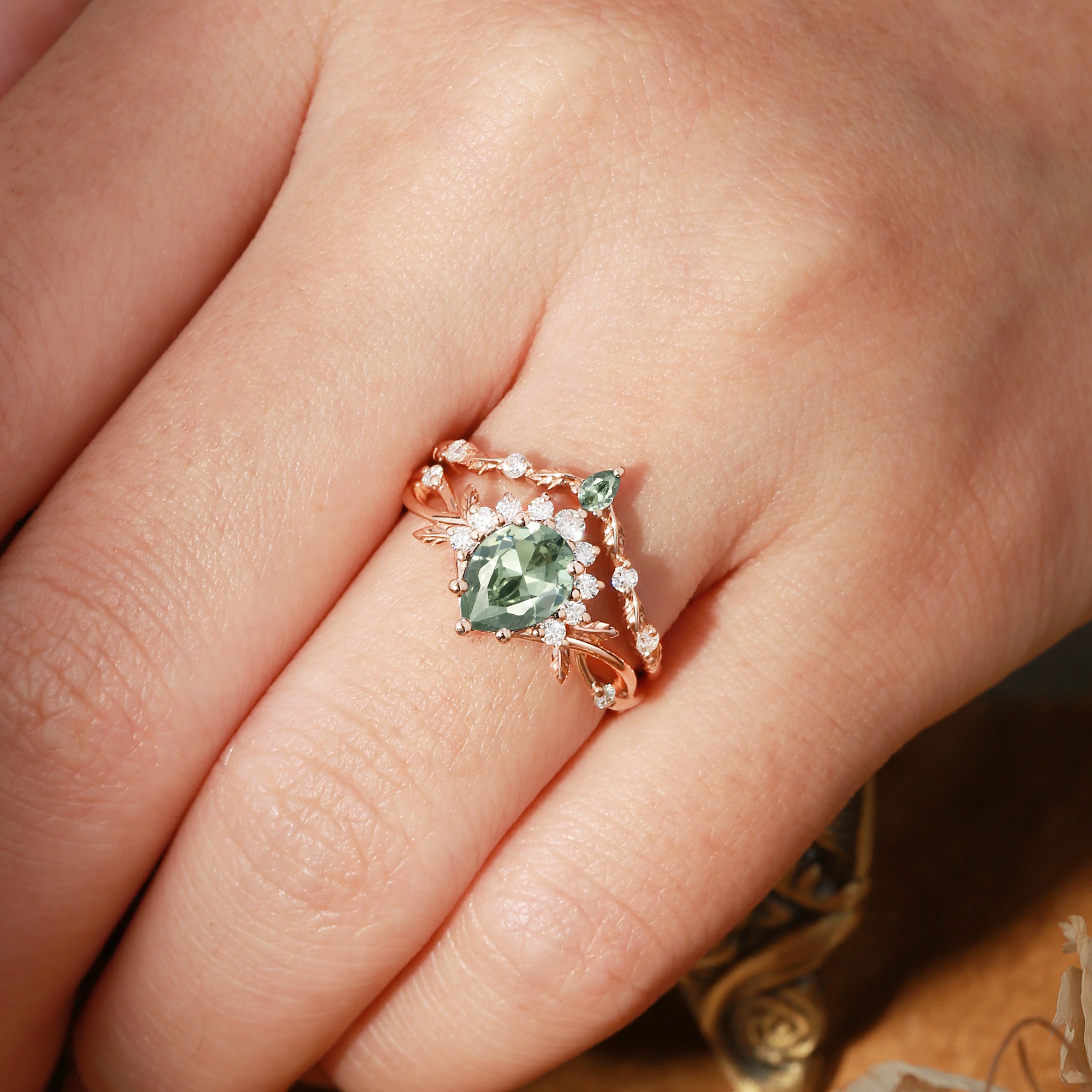 Drisana - 14K Pear Cut Lab Green Sapphire Engagement Ring Set 2pcs