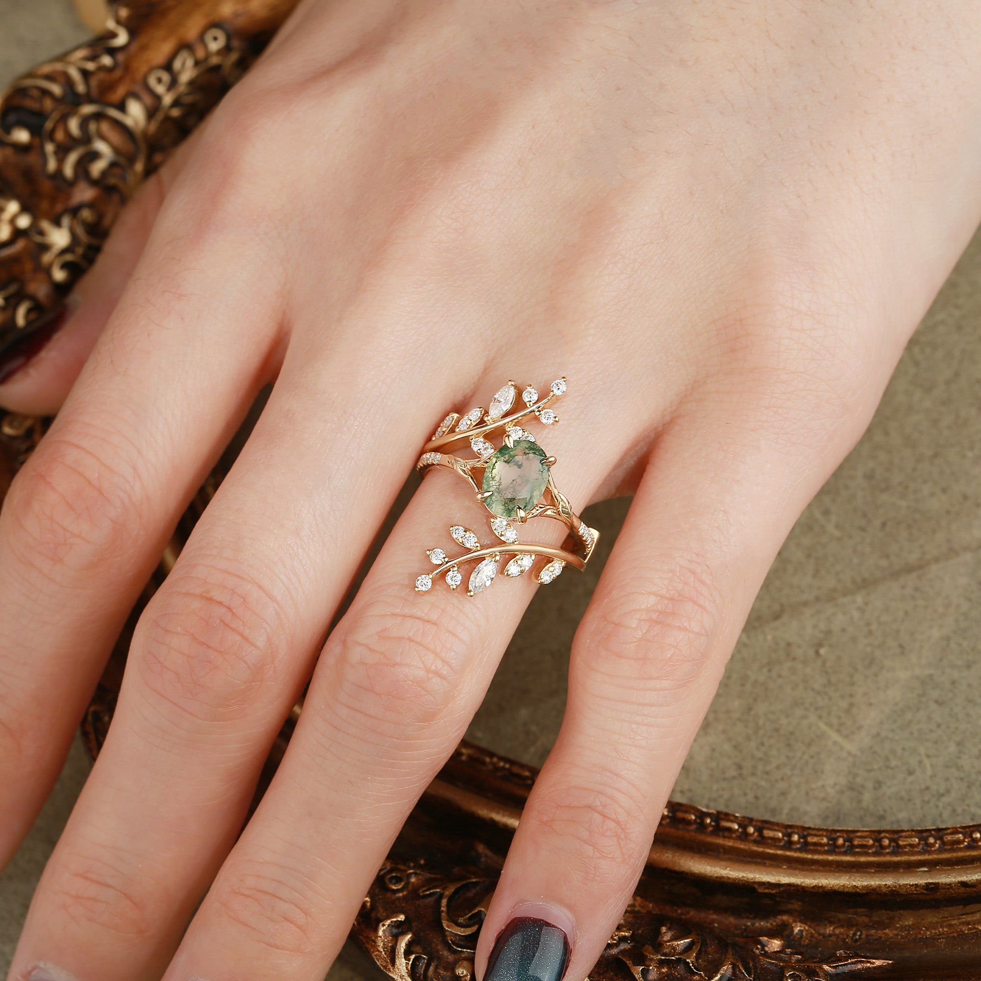 Daphne - Oval Cut Moss Agate Cluster Enhancer Ring Set 2pcs