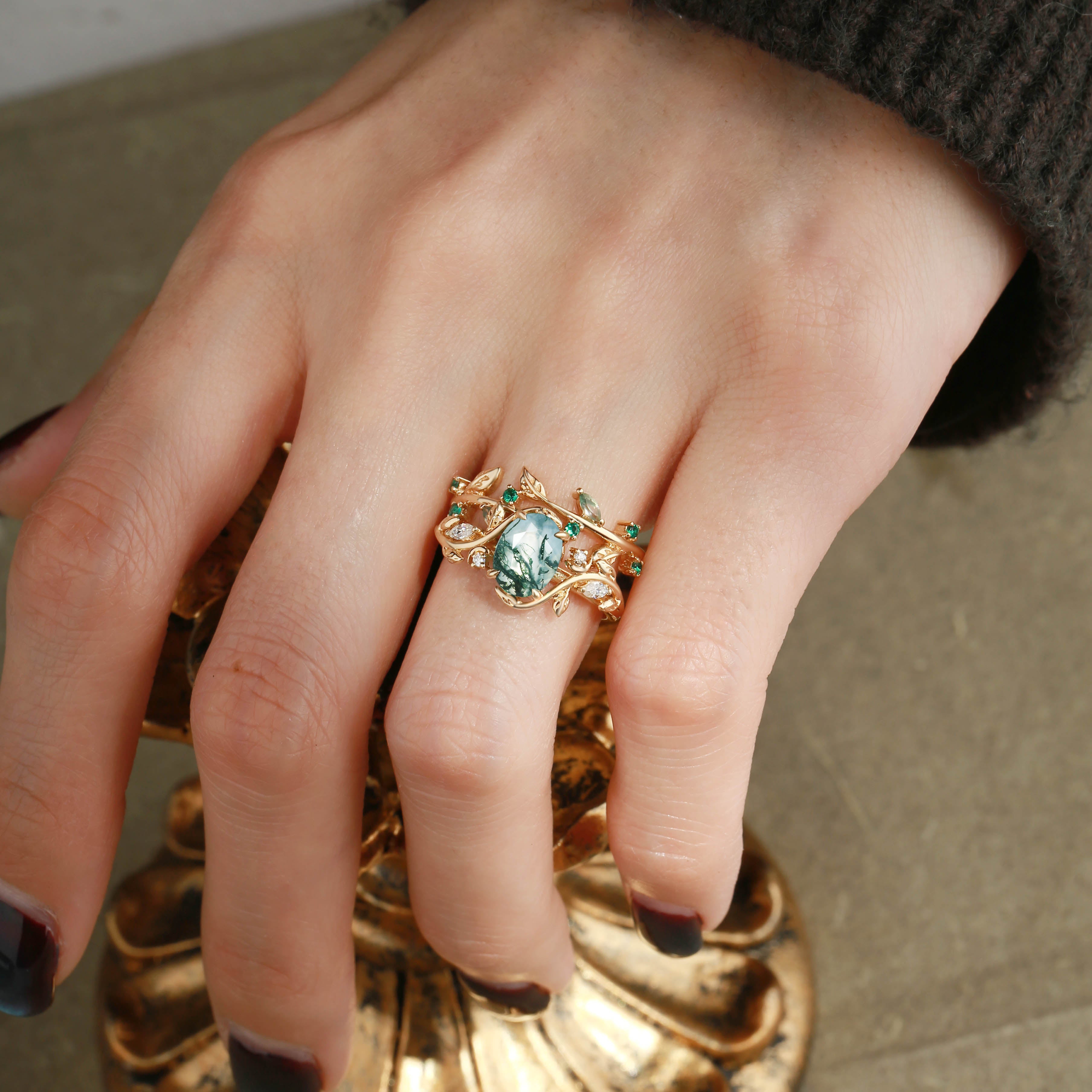 Désirée - Oval Cut Moss Agate Branch Leafy Engagement Ring Set 2pcs