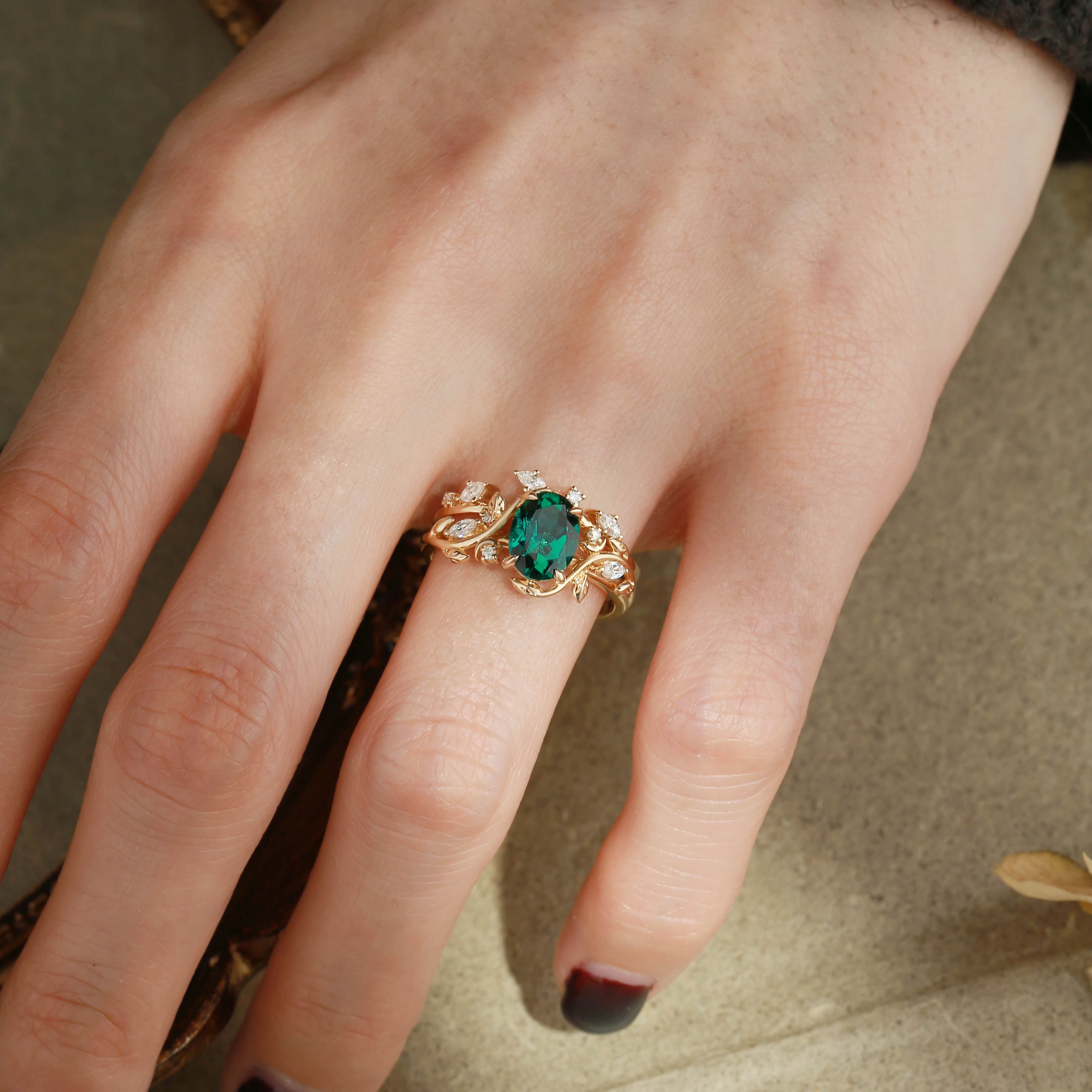 Diana - Oval Cut Leaf-Inspired Lab Emerald Engagement Ring Set 2pcs