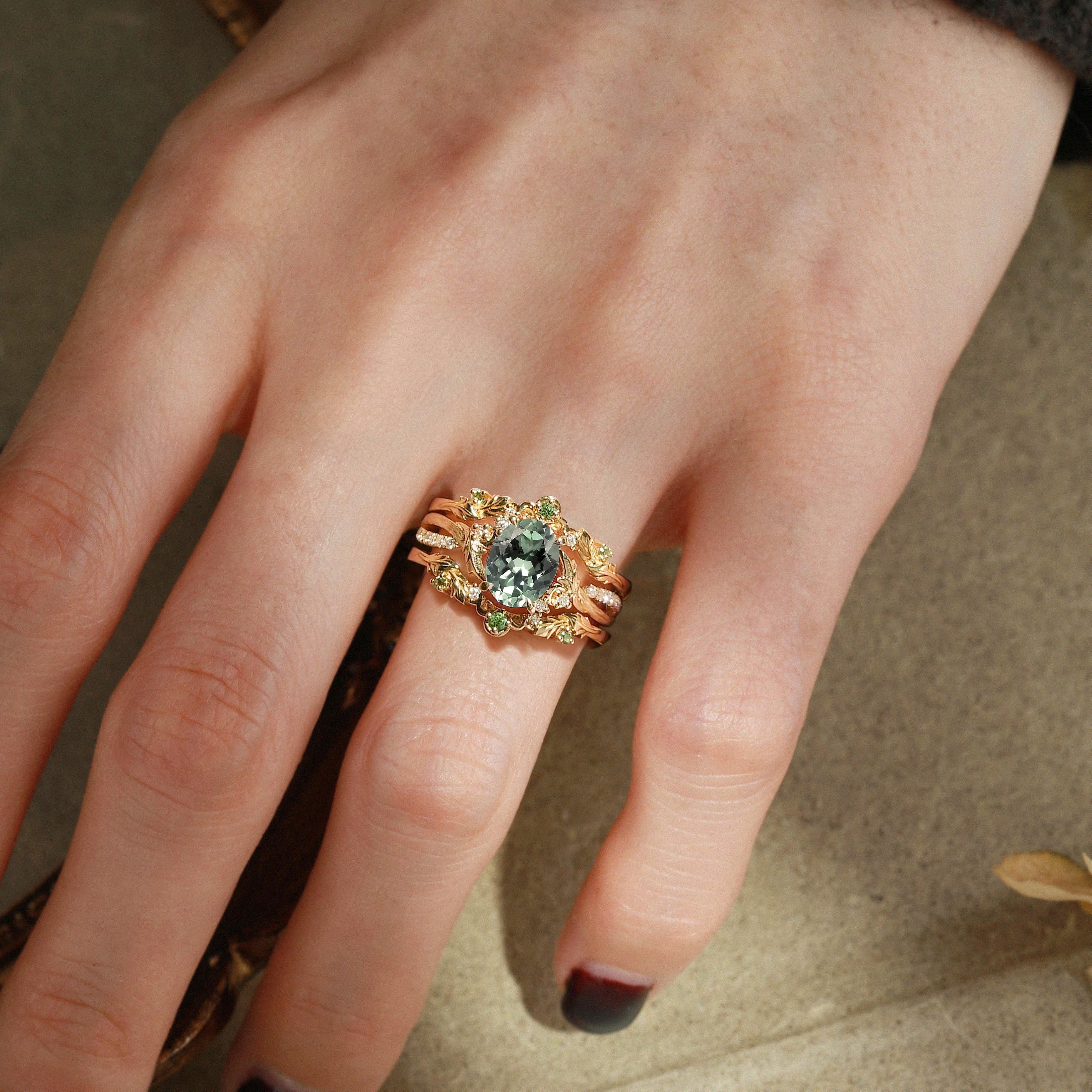 Zelia - Oval Cut Lab Green Sapphire Leaf Inspired Enhancer Ring Set