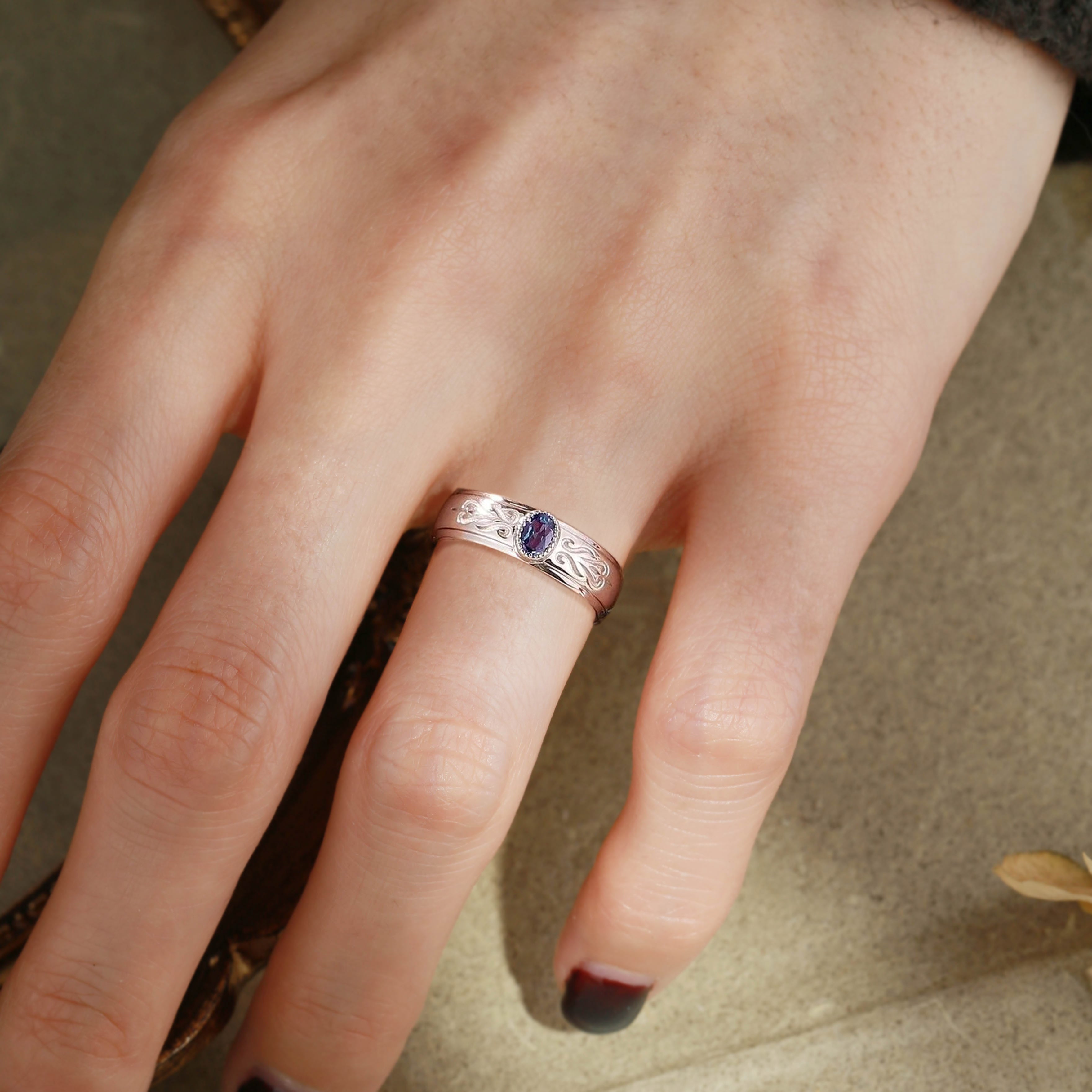 Men Band - Art Deco Oval Cut Alexandrite Engraved Ring