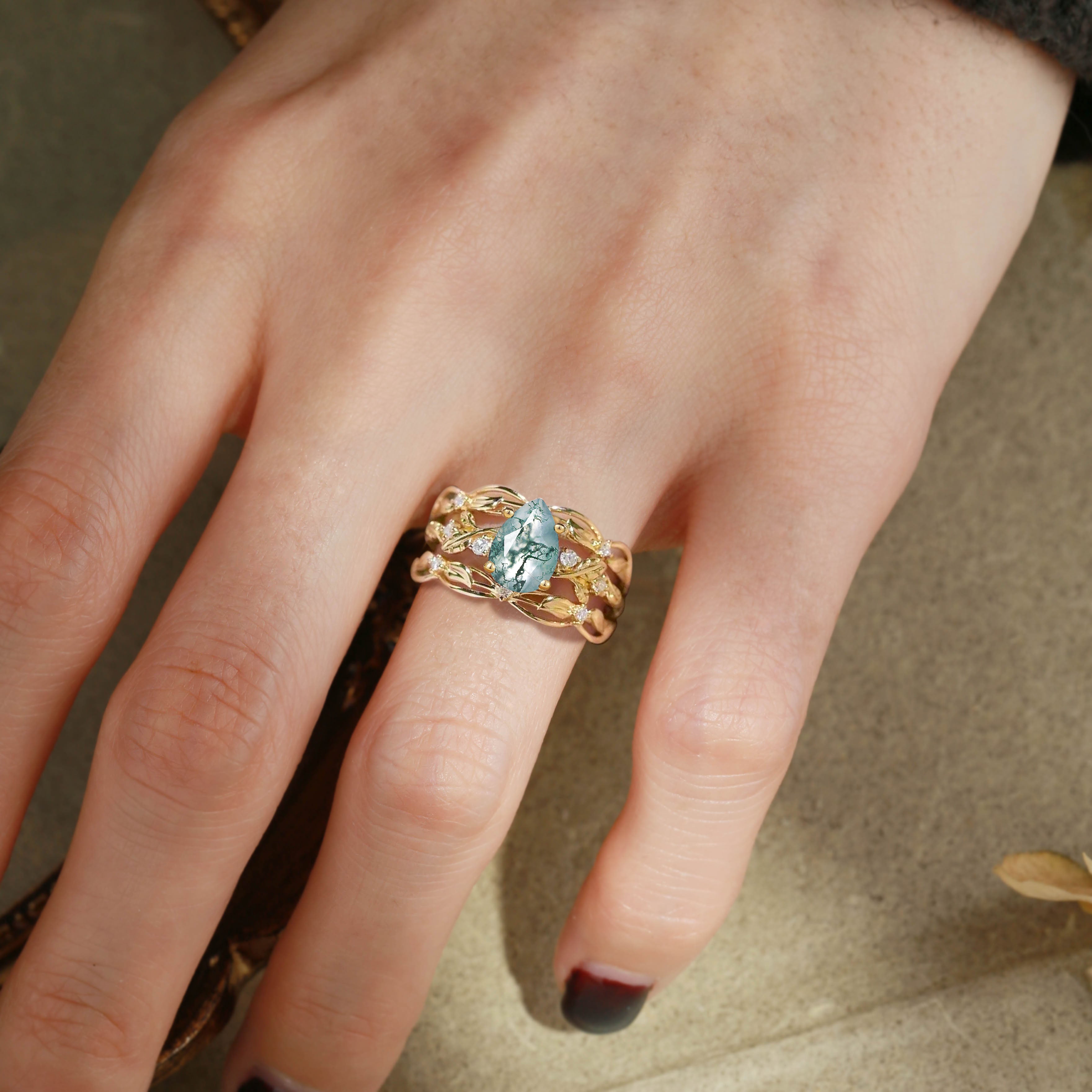 Felicity - Moss Agate & Moissanite Vine Engagement Ring Set 2pcs