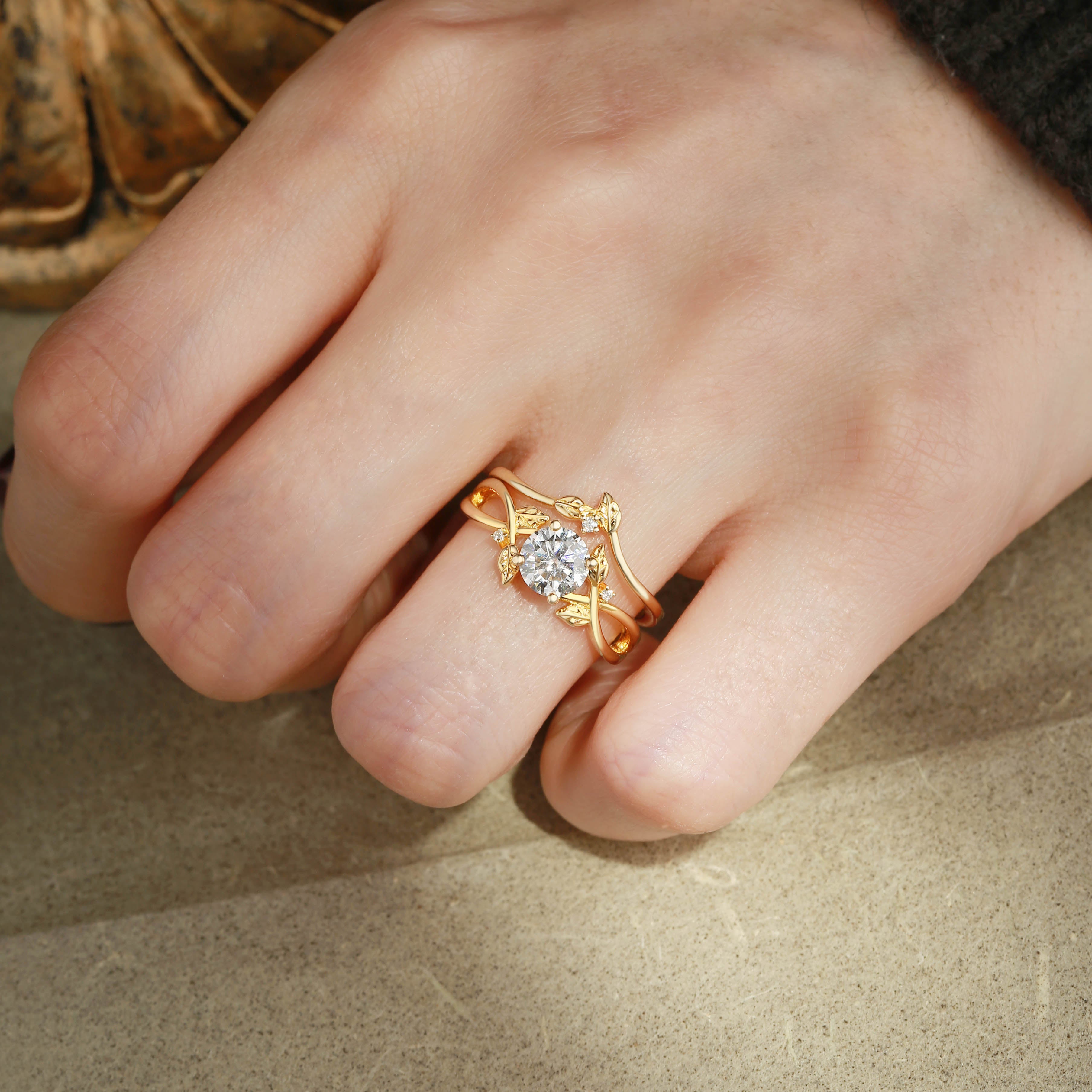 Cordelia - Round Cut Moissanite Yellow Gold Bridal Set 2pcs