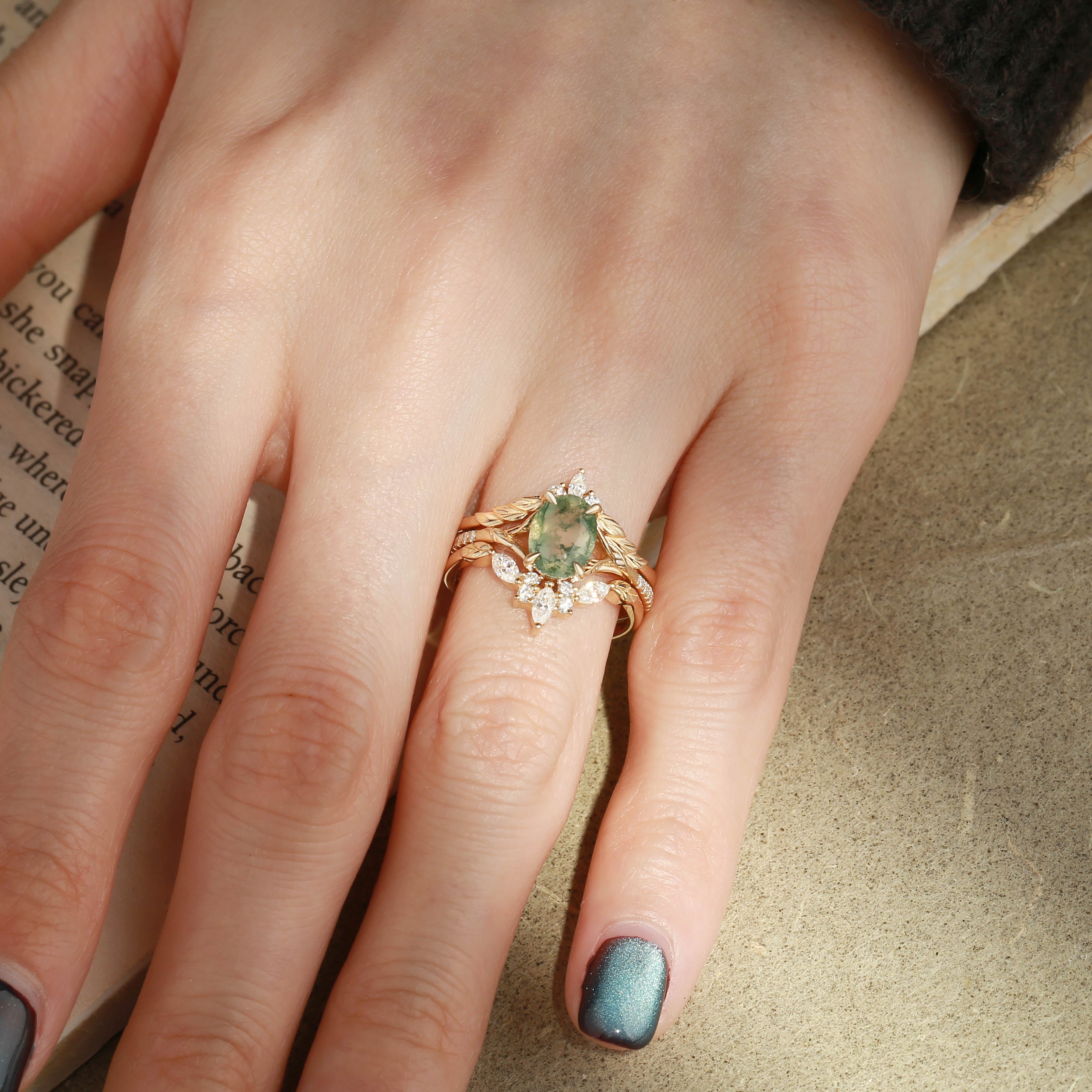 Dahlia - Oval Cut Moss Agate Leafy Cluster Bridal Set 3pcs