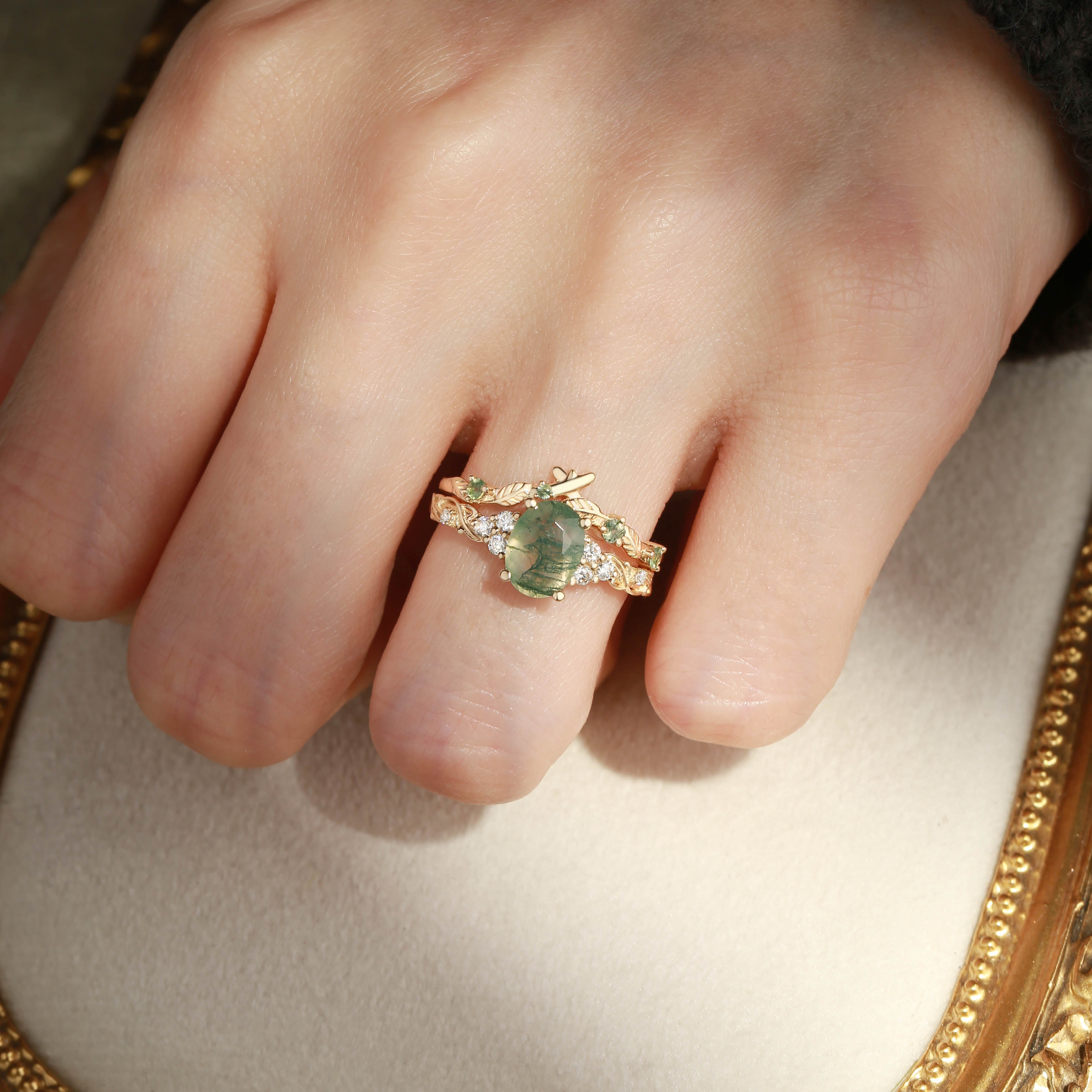 Felicity - Oval Cut Moss Agate Cluster Leafy Bridal Set 2pcs