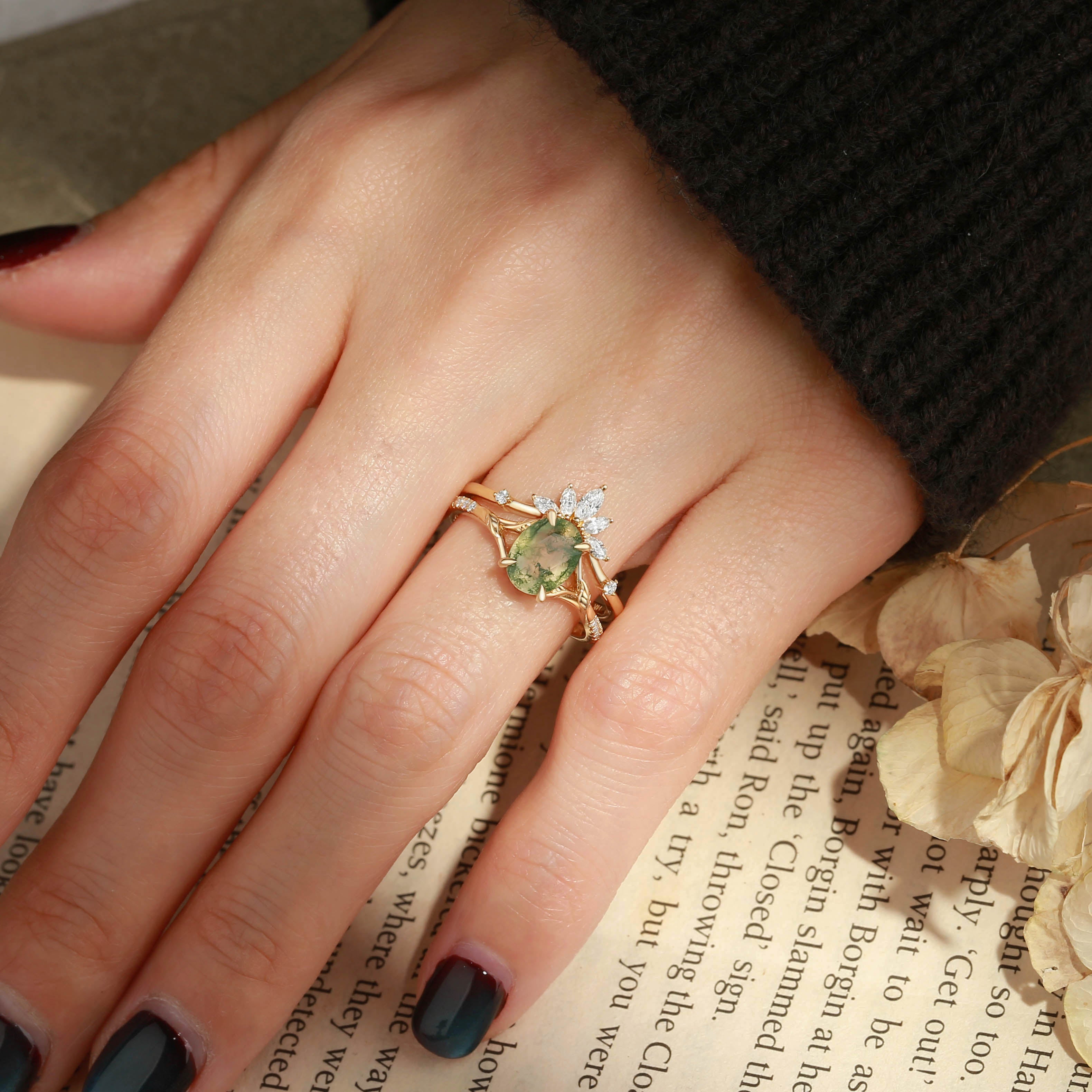 Dahlia - Oval Cut Moss Agate Leafy Cluster Bridal Set 2pcs