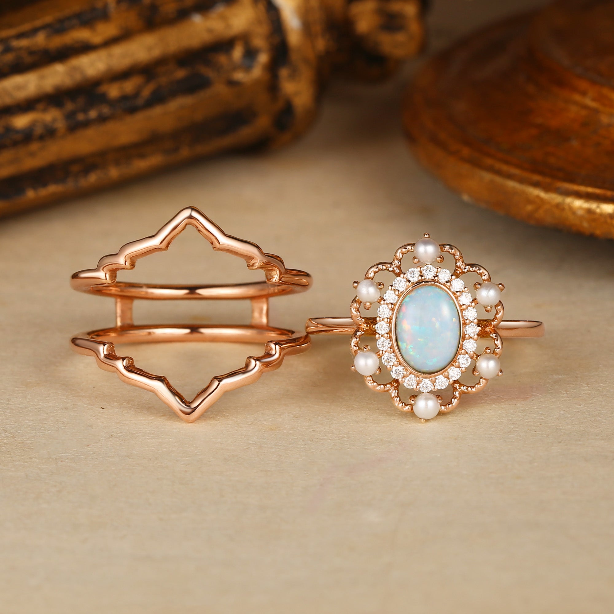 Opaline - Opal & Pearl Halo Vintage Engagement Ring Set 2pcs