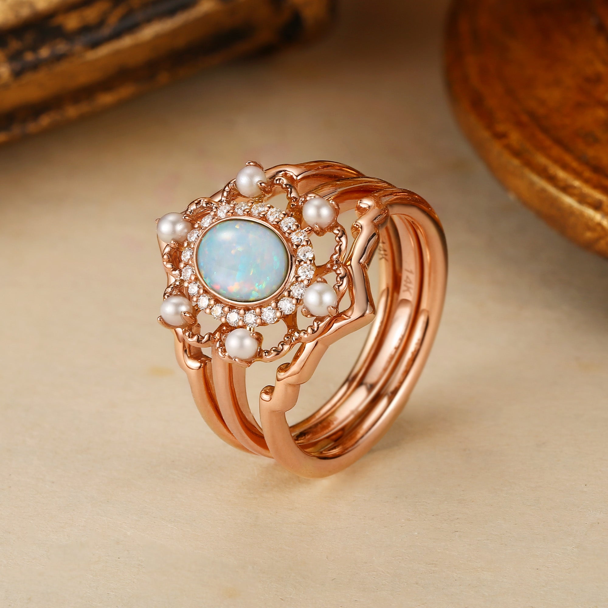 Opaline - Opal & Pearl Halo Vintage Engagement Ring Set 2pcs