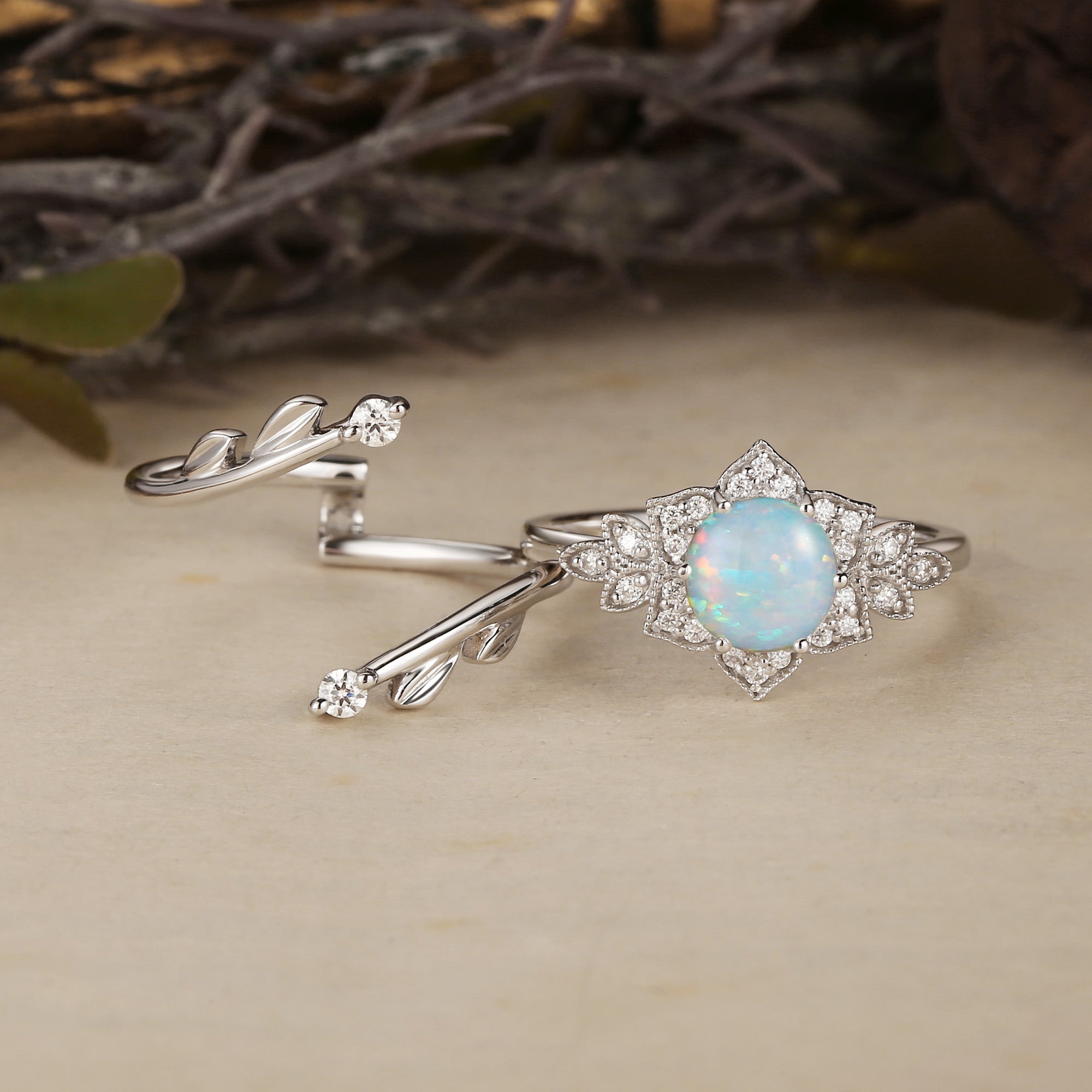 Daisy - Round Cut Opal Flower Vintage Engagement Ring Set 2pcs