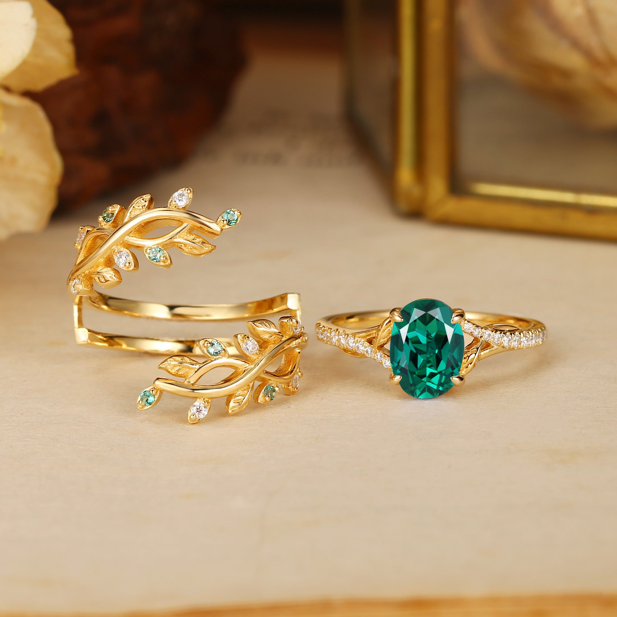 Hermine - Lab Emerald & Alexandrite Engagement Enhancer Ring Set 2pcs