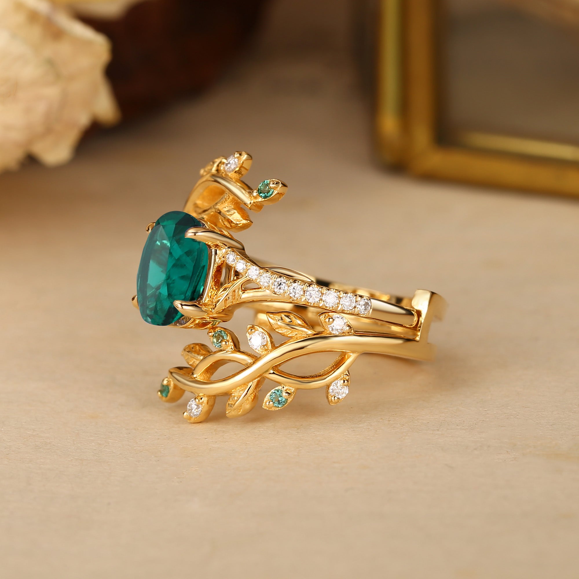 Hermine - Lab Emerald & Alexandrite Engagement Enhancer Ring Set 2pcs