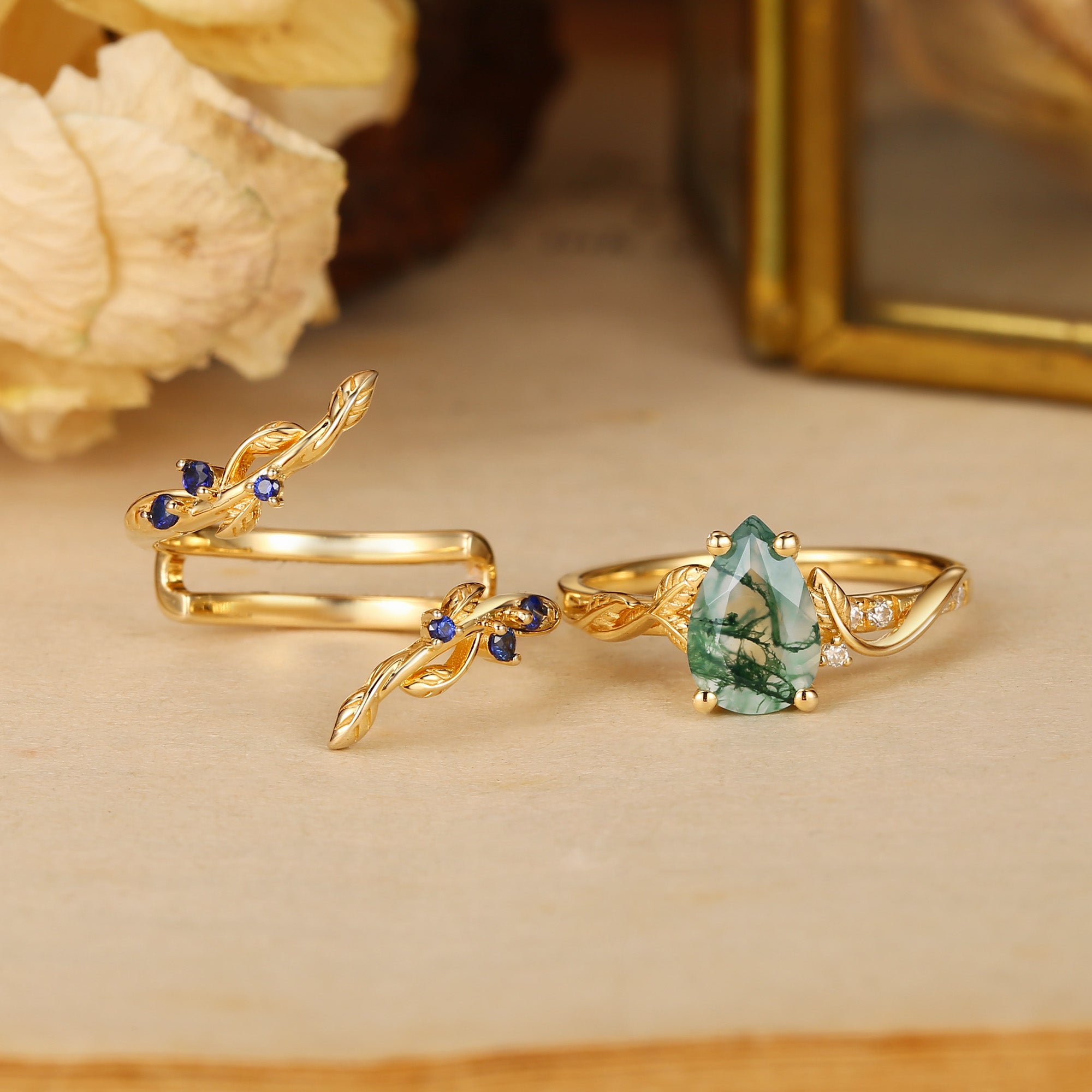 Hyacinthe - Moss Agate & Sapphire Engagement Enhancer Ring Set 2pcs