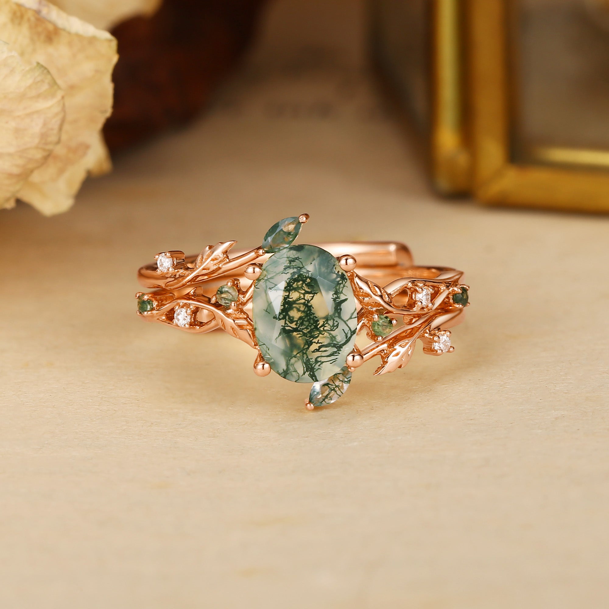 Alba - Green Moss Agate Leaf Engagement Ring Set 2pcs