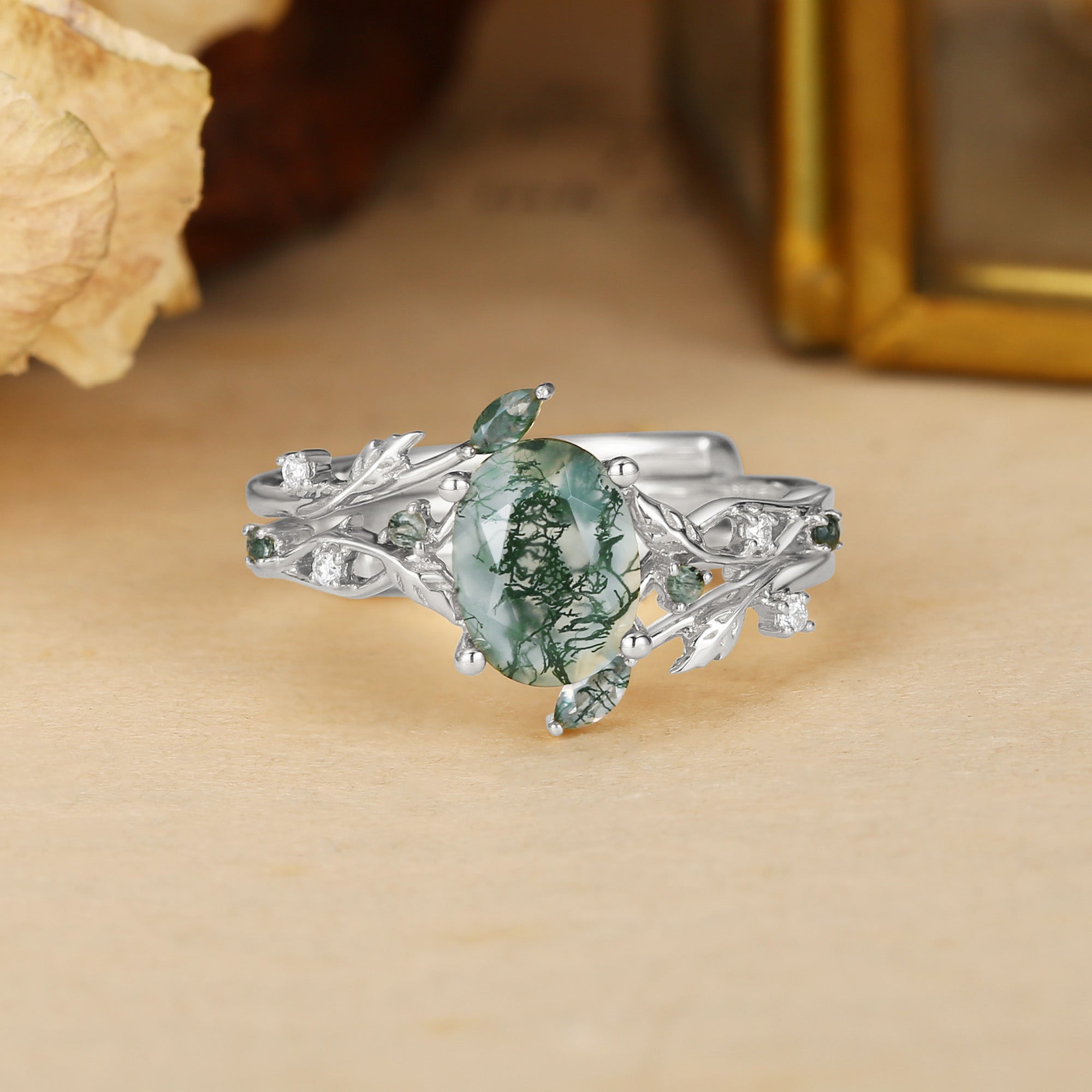 Alba - Green Moss Agate Leaf Engagement Ring Set 2pcs