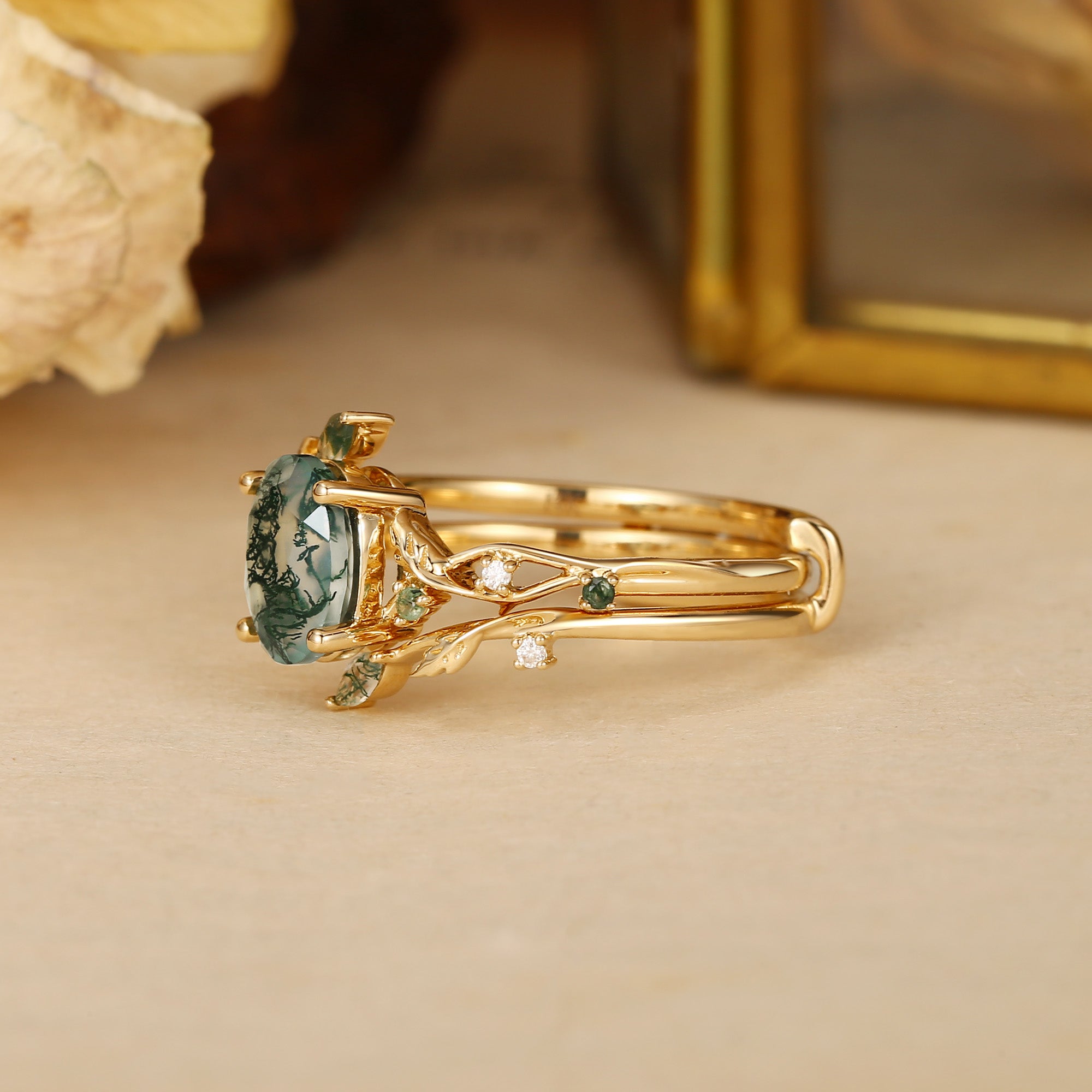 Alba - Green Moss Agate Leaf Engagement Ring Set 2pcs