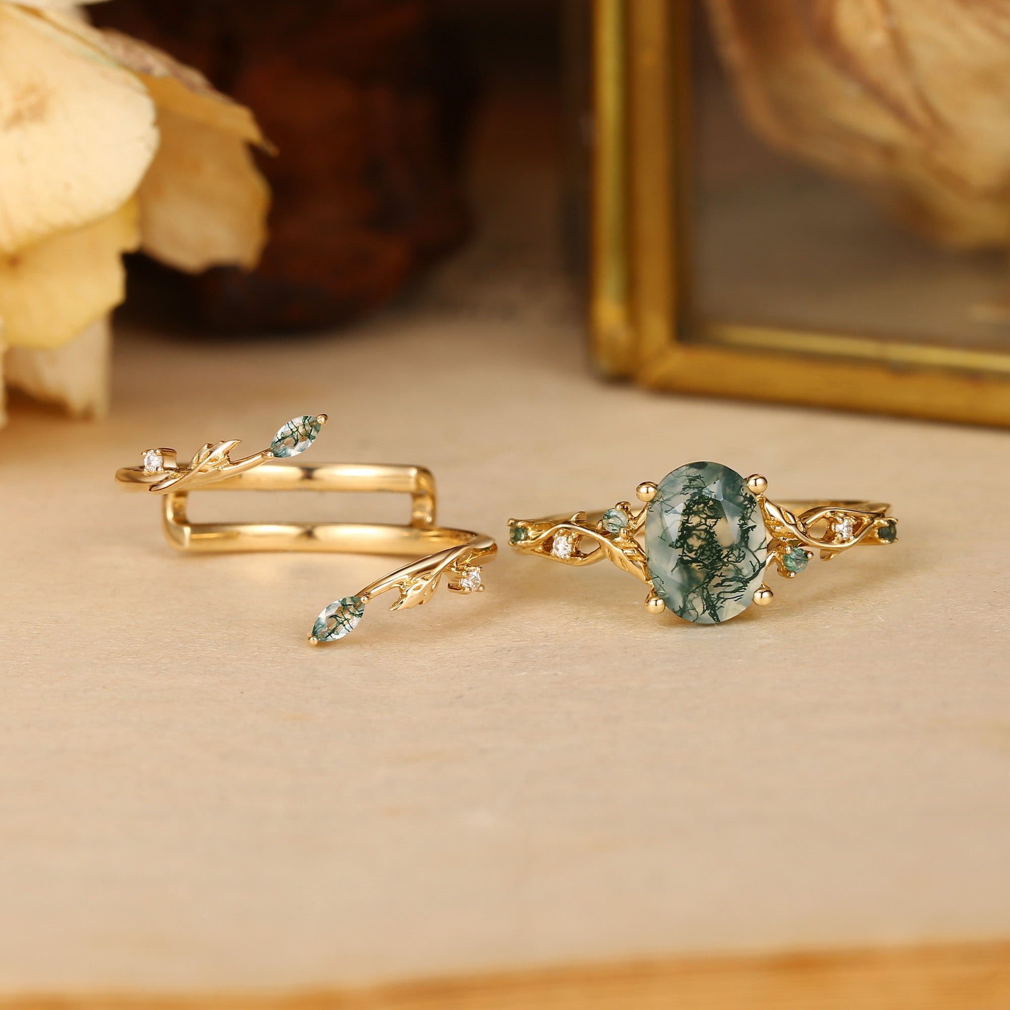 Alba - Green Moss Agate Leaf Engagement Ring Set 2pcs