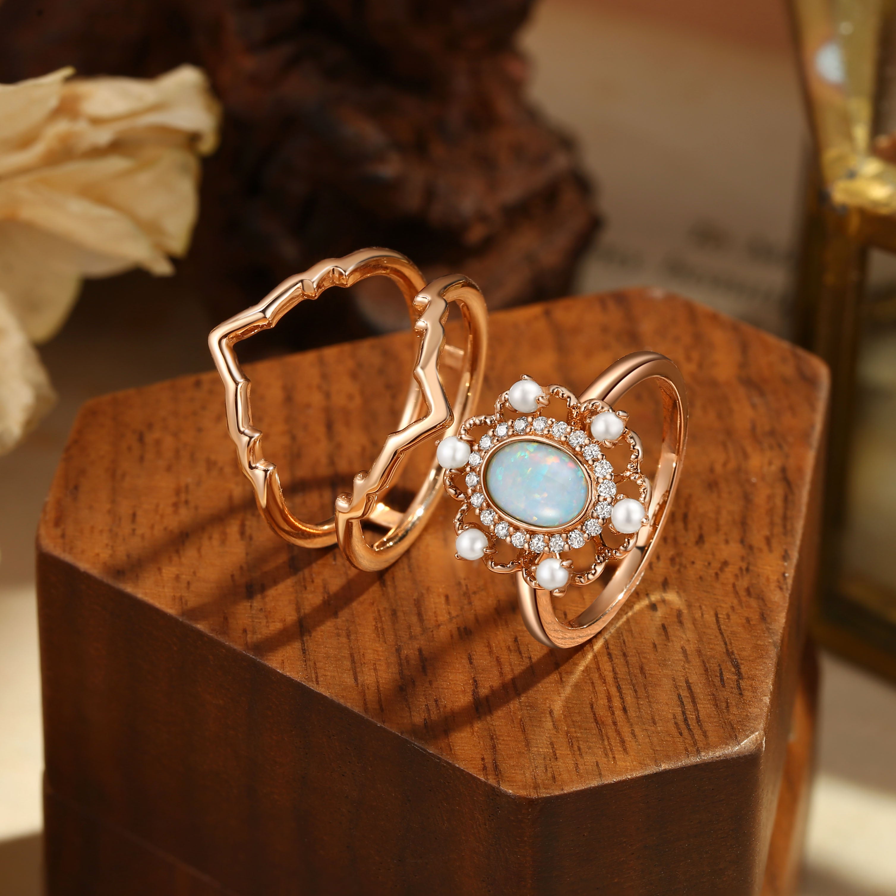 Opaline - Opal & Pearl Halo Vintage Engagement Ring Set 2pcs