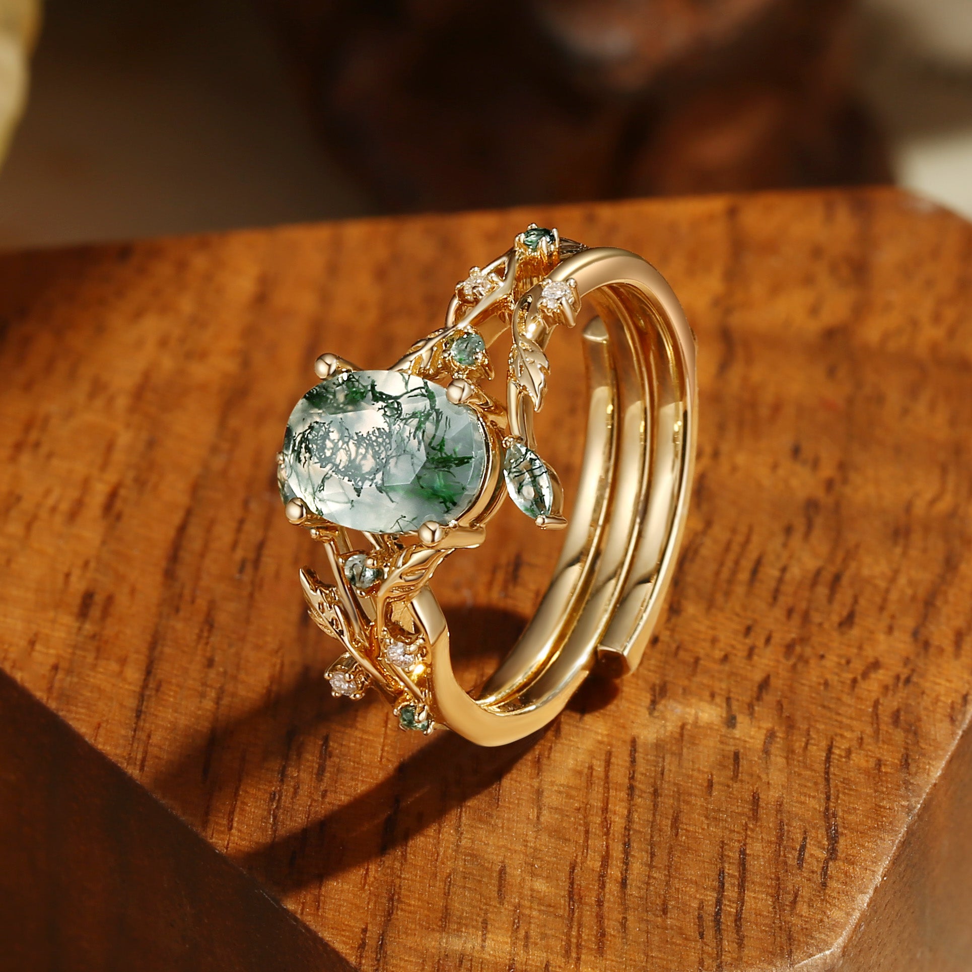 Alba - Green Moss Agate Leaf Engagement Ring Set 2pcs