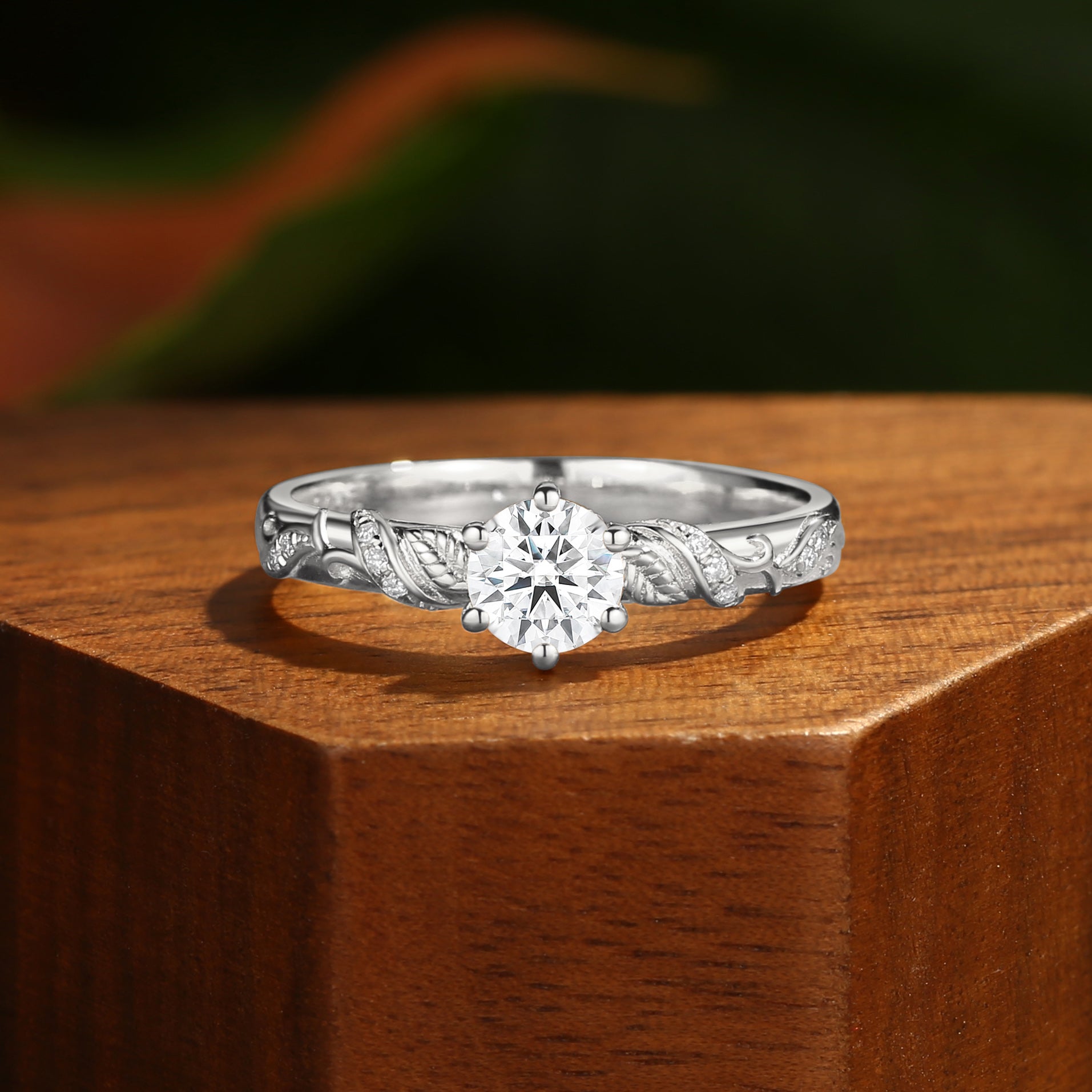 Marcella - Round Cut Moissanite Vintage Leaf Engagement Ring