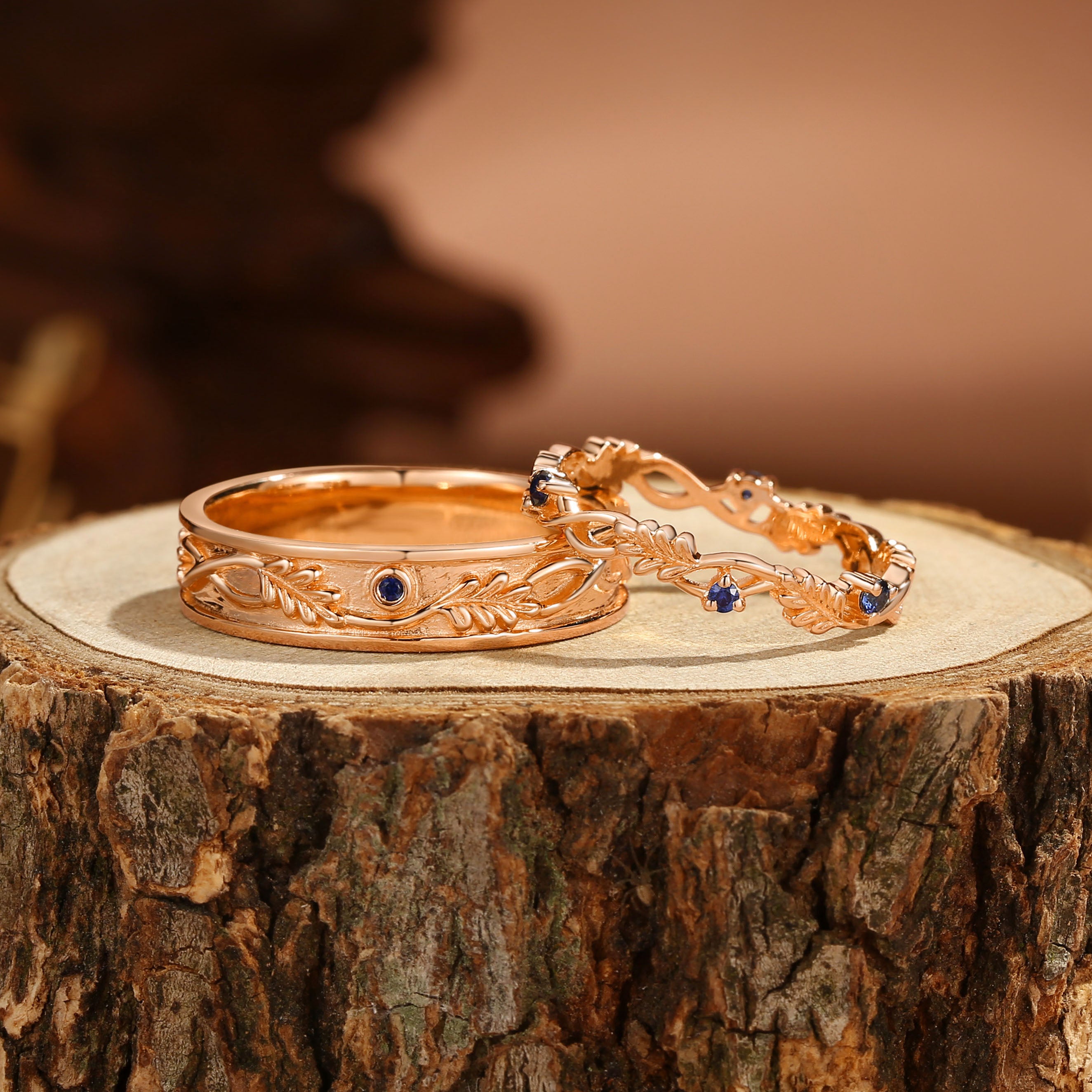 Kendria - Sapphire Oak Leaf Couple Wedding Ring Sets His and Hers
