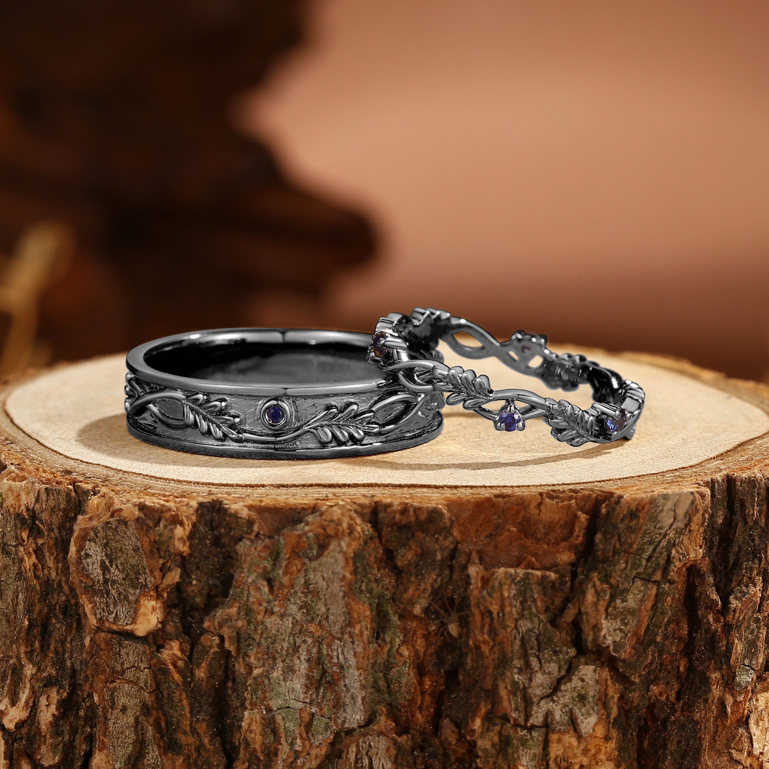 Kendria - Sapphire Oak Leaf Couple Wedding Ring Sets His and Hers