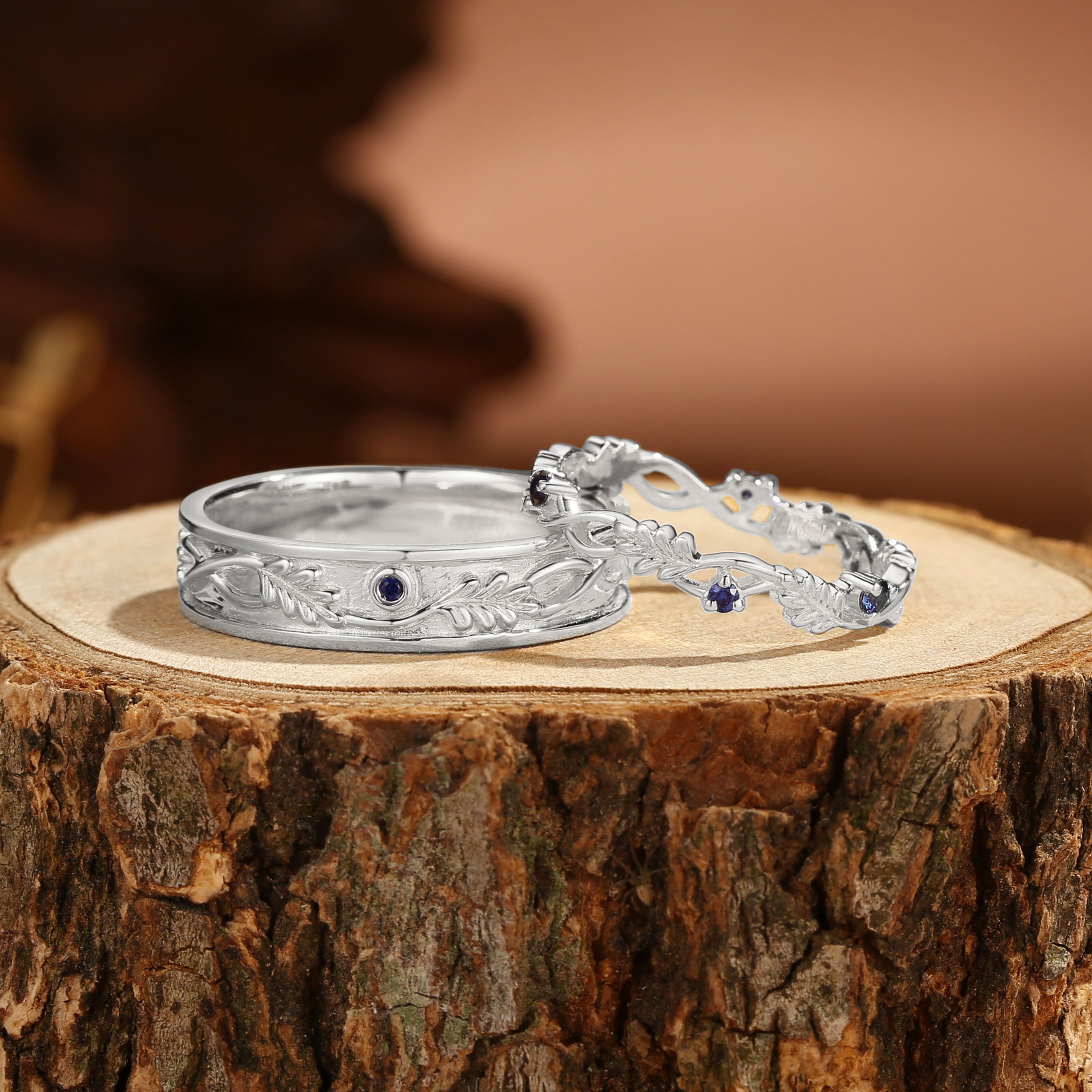 Kendria - Sapphire Oak Leaf Couple Wedding Ring Sets His and Hers