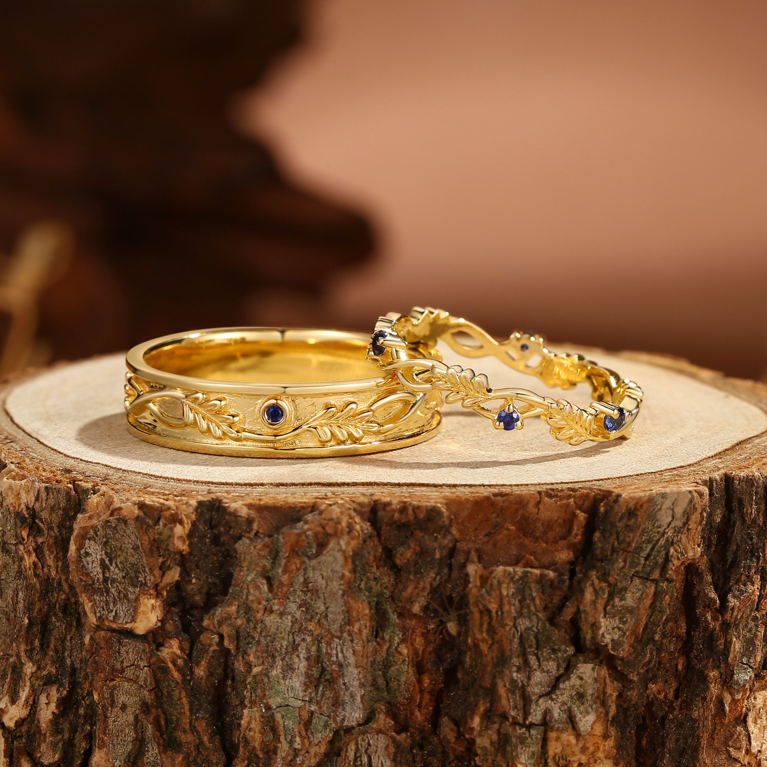 Kendria - Sapphire Oak Leaf Couple Wedding Ring Sets His and Hers
