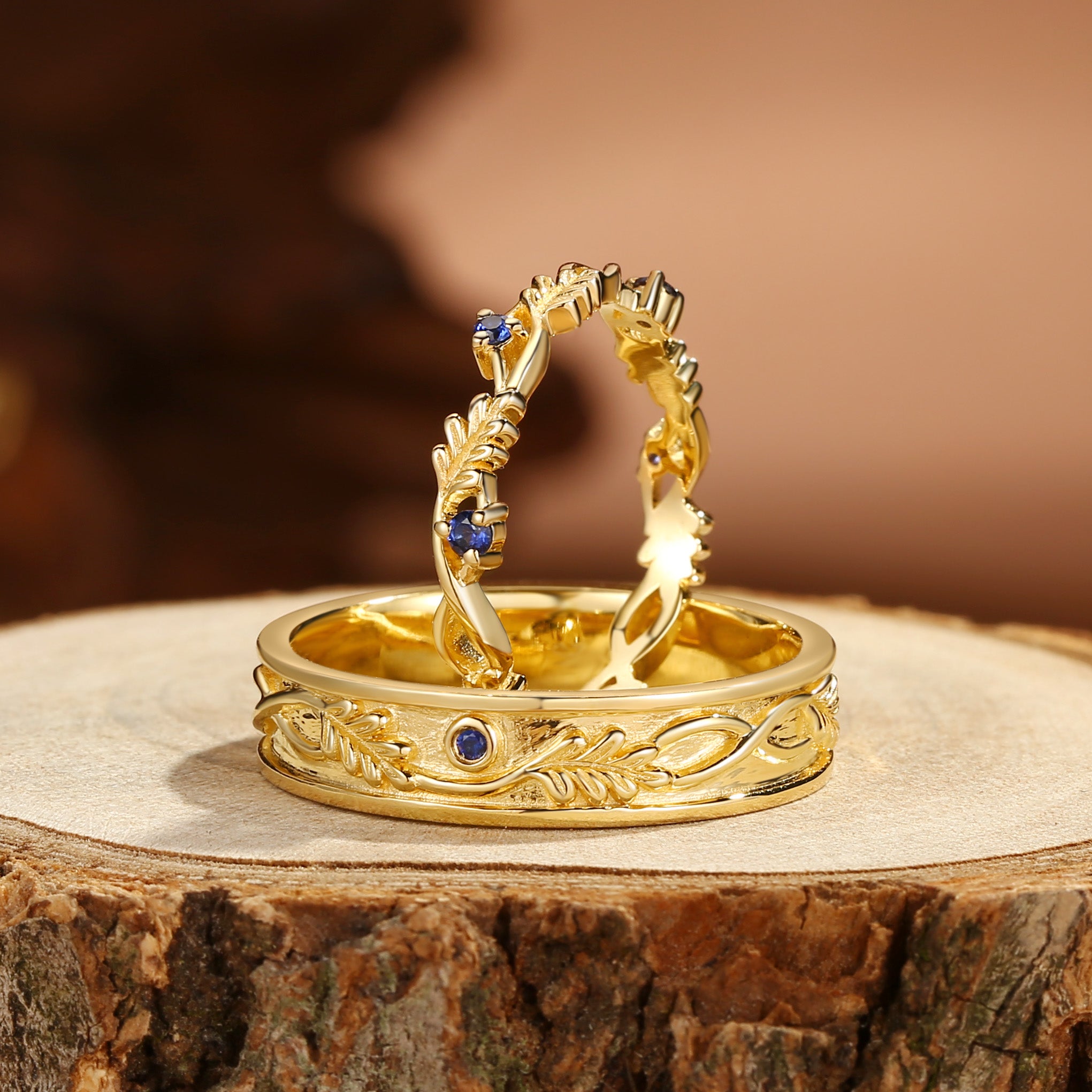 Kendria - Sapphire Oak Leaf Couple Wedding Ring Sets His and Hers