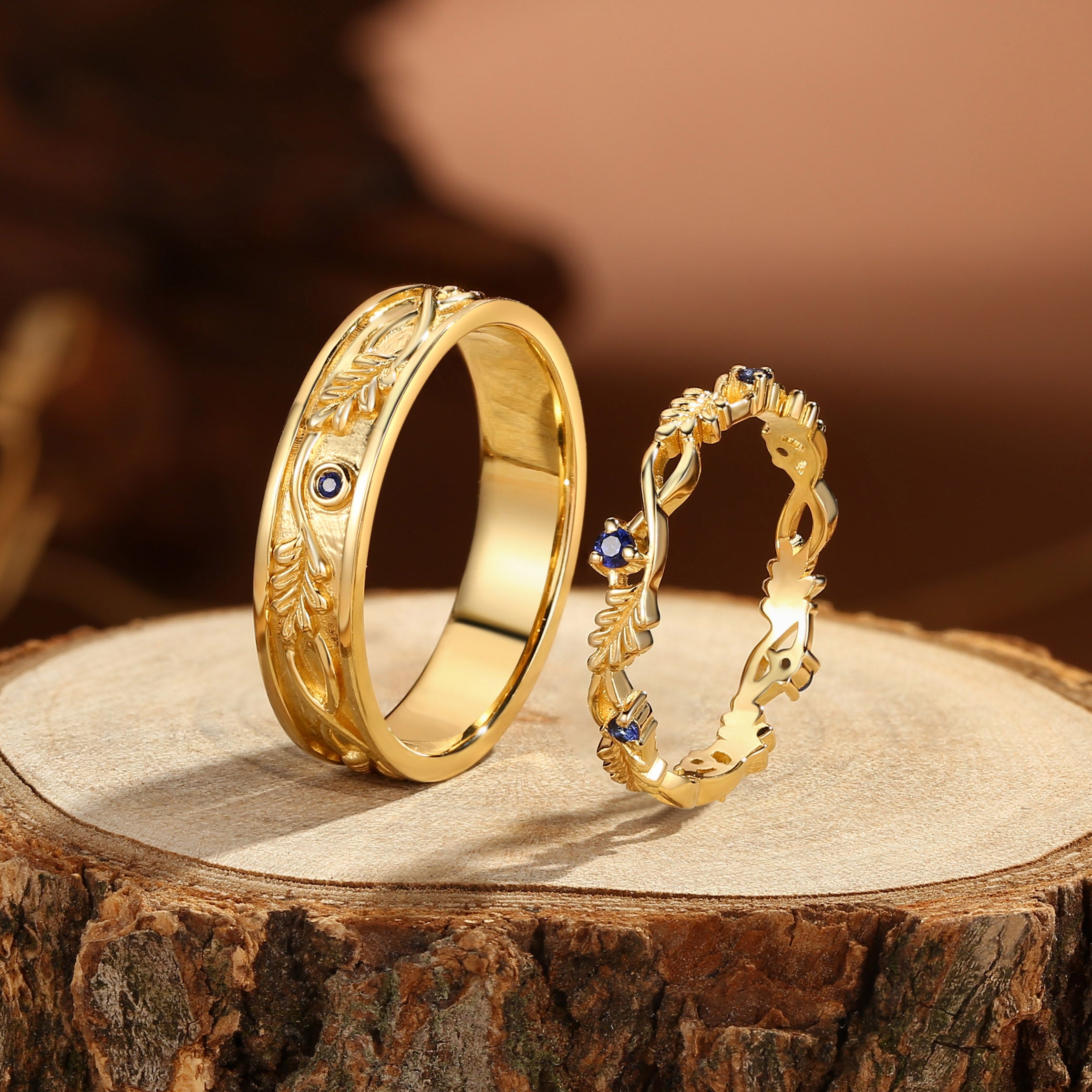 Kendria - Sapphire Oak Leaf Couple Wedding Ring Sets His and Hers
