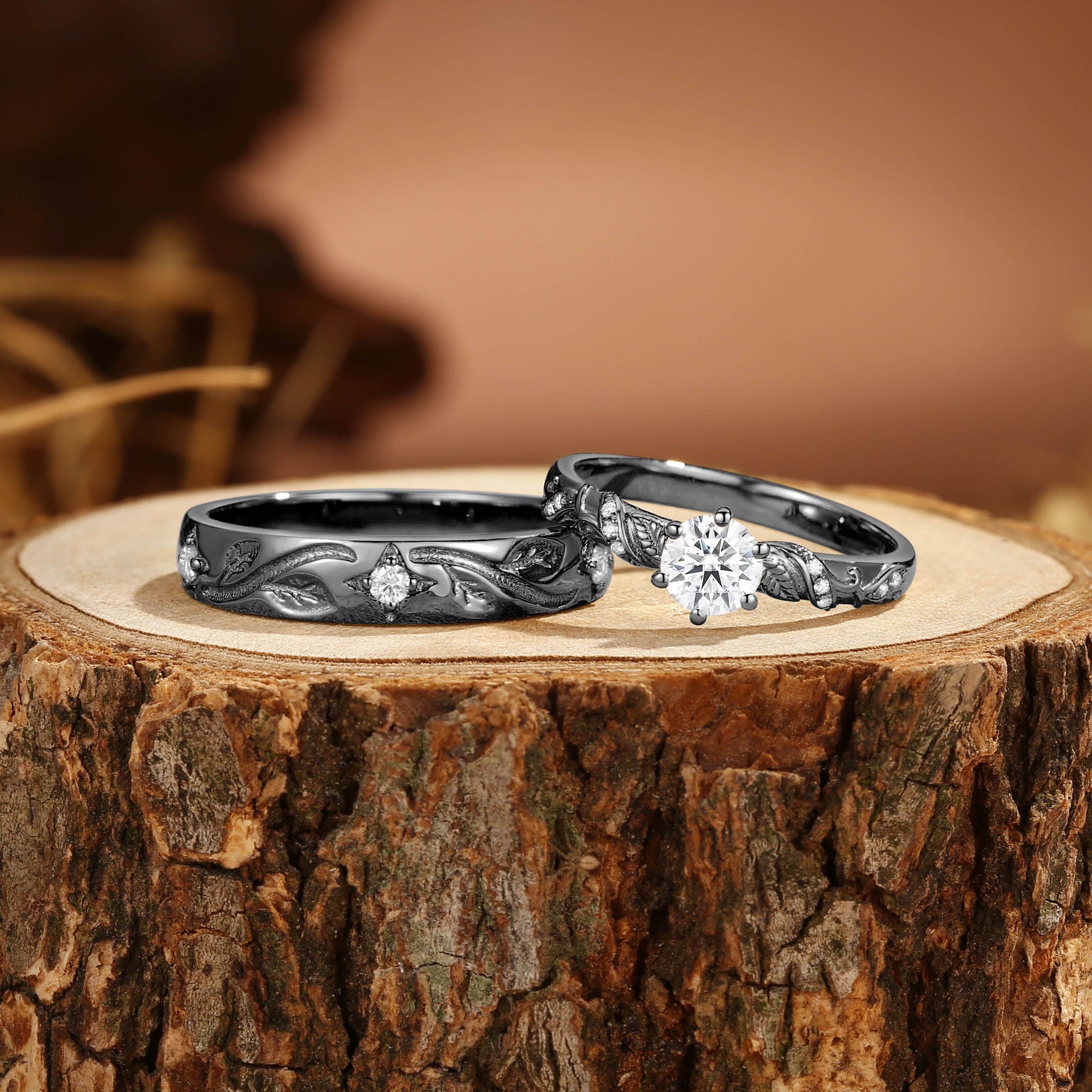 Marcella - Moissanite Leaf Engraving Vintage Couple Ring